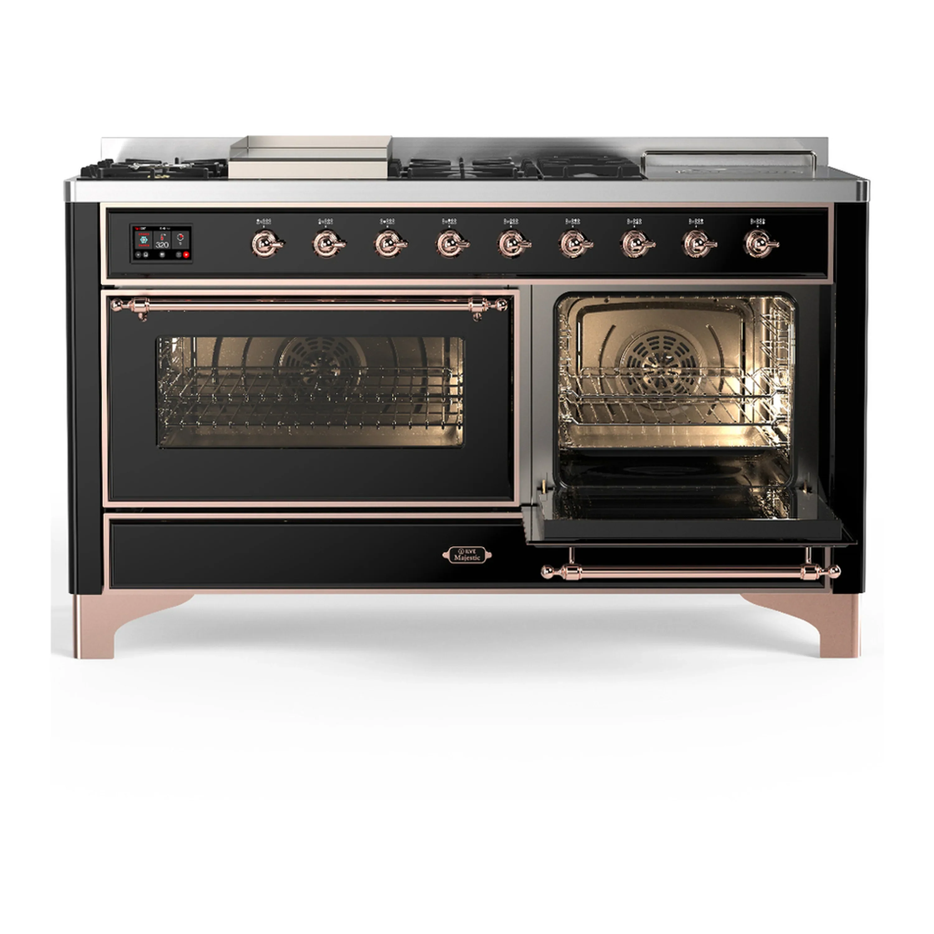 ILVE Majestic III 60-inch Dual Fuel Range with 7 Natural Gas Burner, Griddle, French Top and Triple Glass Door Electric Oven in Glossy Black with Copper Trim (UM60FSNR3BKP) - Image 4