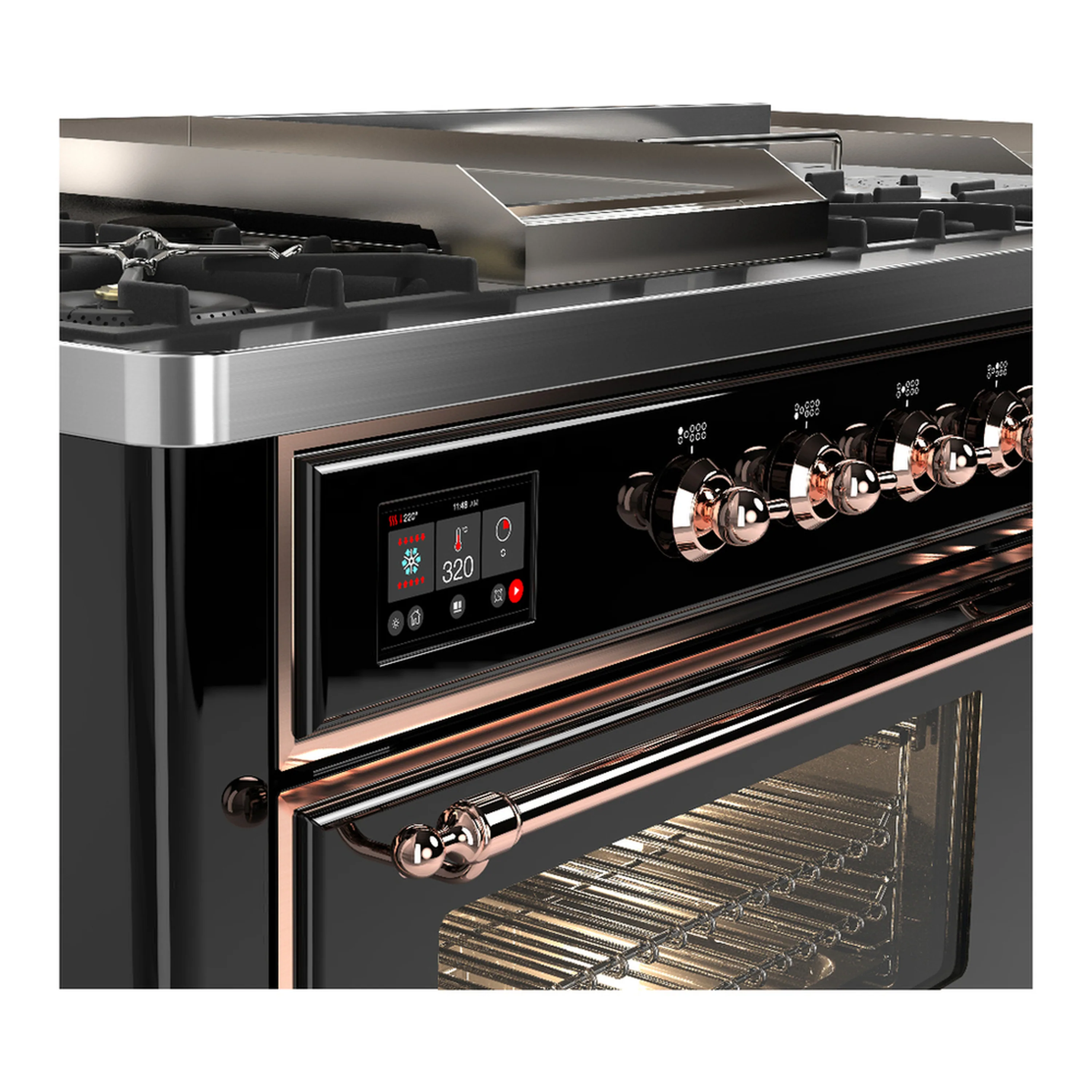 ILVE Majestic III 60-inch Dual Fuel Range with 7 Natural Gas Burner, Griddle, French Top and Triple Glass Door Electric Oven in Glossy Black with Copper Trim (UM60FSNR3BKP) - Image 7