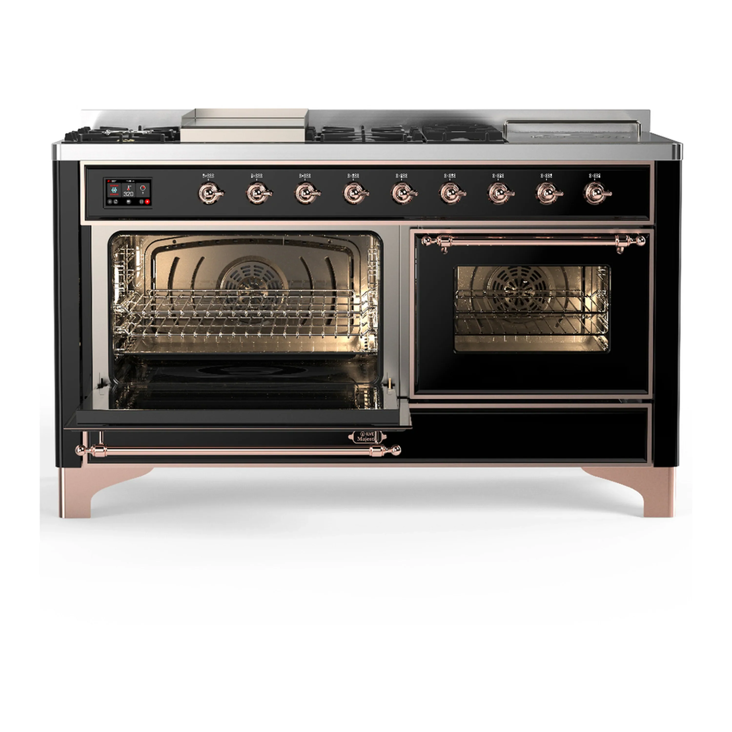 ILVE Majestic III 60-inch Dual Fuel Range with 5 Liquid Propane Burner, Griddle, French Top and Triple Glass Door Electric Oven in Glossy Black with Copper Trim (UM60FSNR3BKPLP) - Image 5