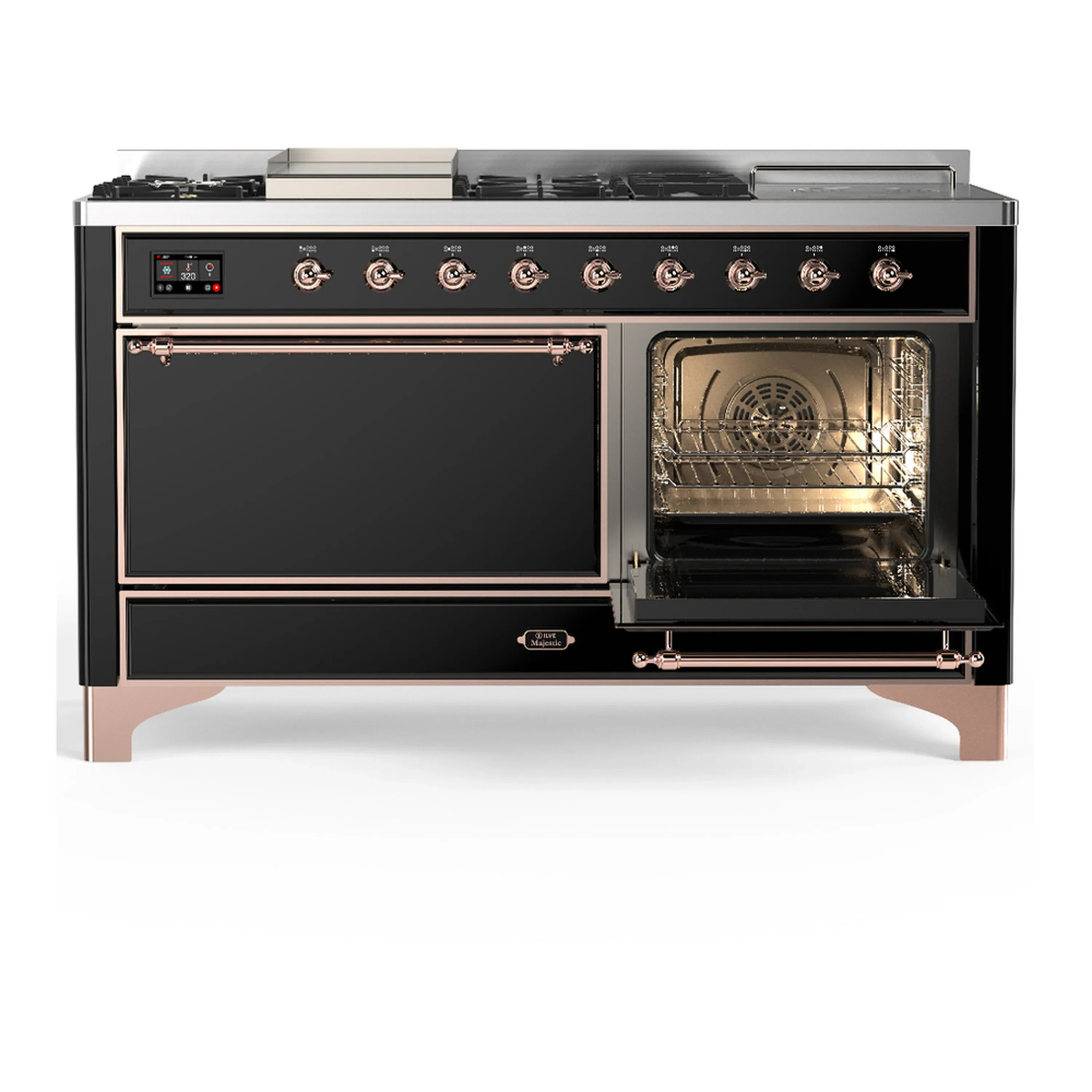 ILVE Majestic III 60-inch Dual Fuel Range with 7 Natural Gas Burner, Griddle, French Top and Solid Door Electric Oven in Glossy Black with Copper Trim (UM60FSQNR3BKP) - Image 4