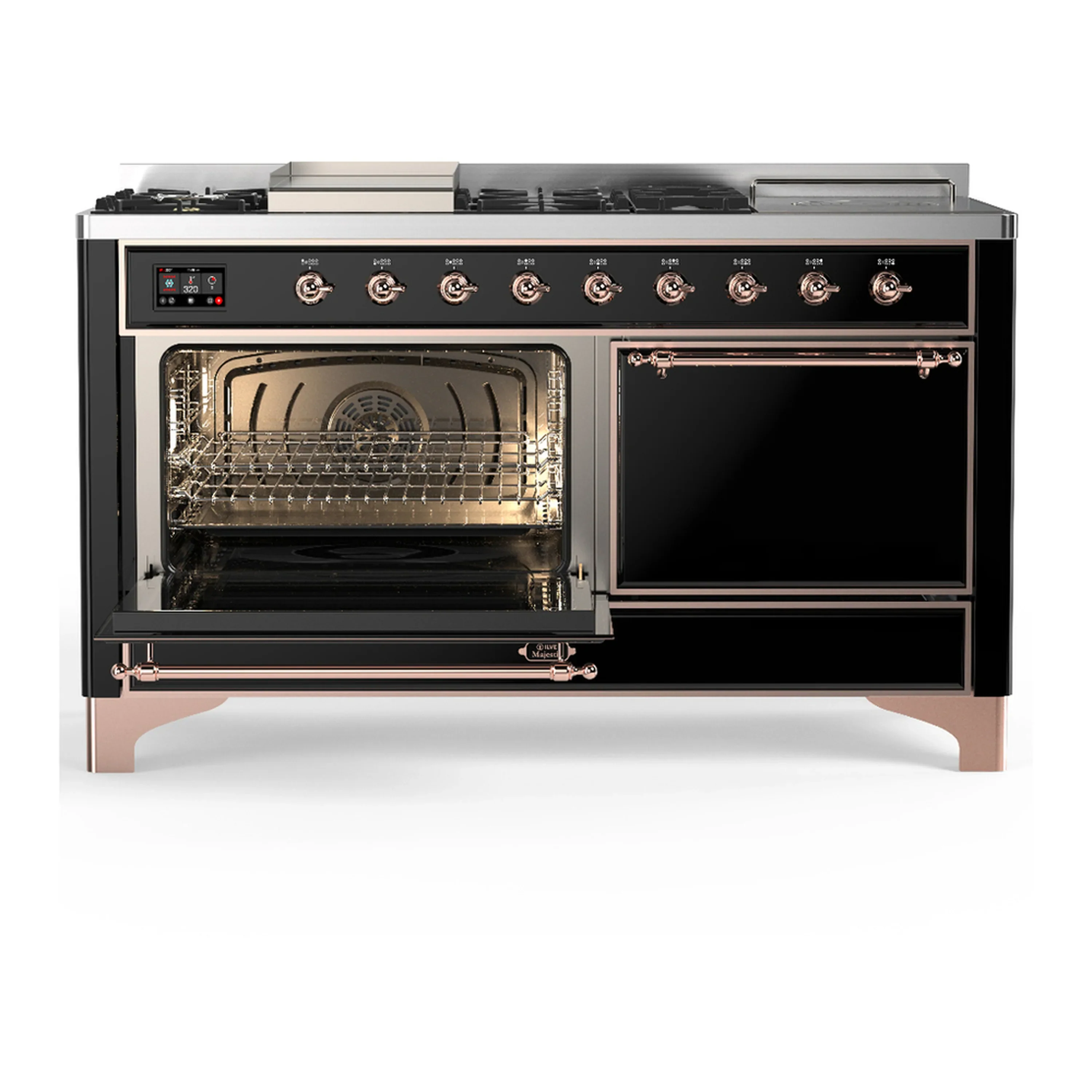 ILVE Majestic III 60-inch Dual Fuel Range with 7 Natural Gas Burner, Griddle, French Top and Solid Door Electric Oven in Glossy Black with Copper Trim (UM60FSQNR3BKP) - Image 5