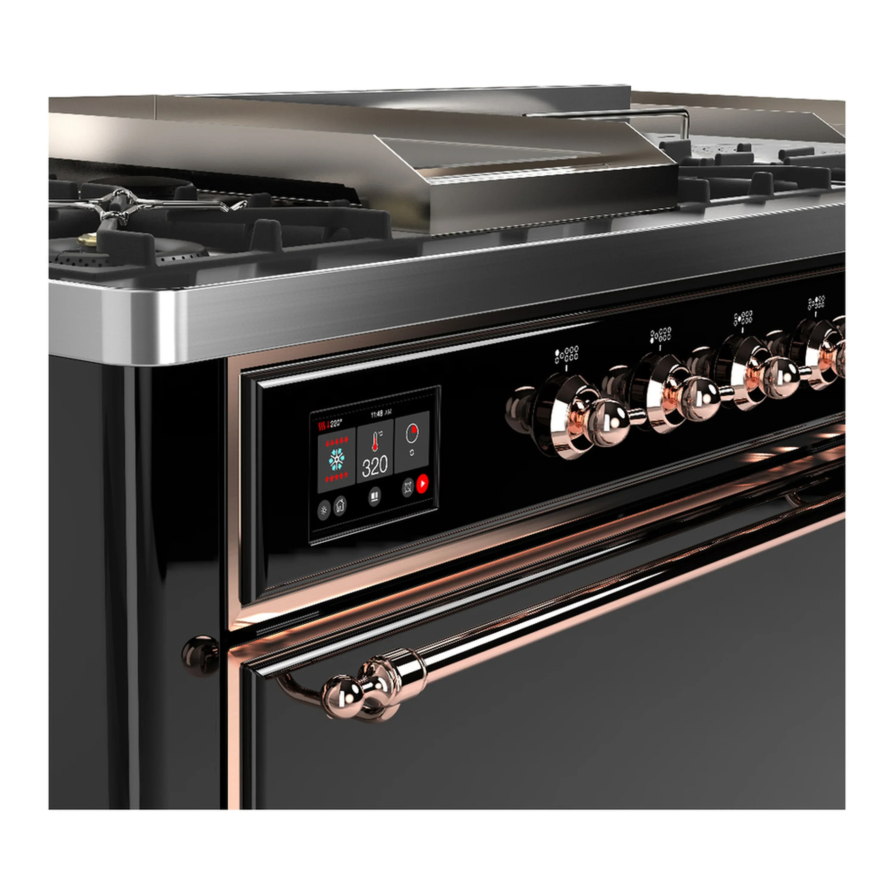 ILVE Majestic III 60-inch Dual Fuel Range with 7 Natural Gas Burner, Griddle, French Top and Solid Door Electric Oven in Glossy Black with Copper Trim (UM60FSQNR3BKP) - Image 7