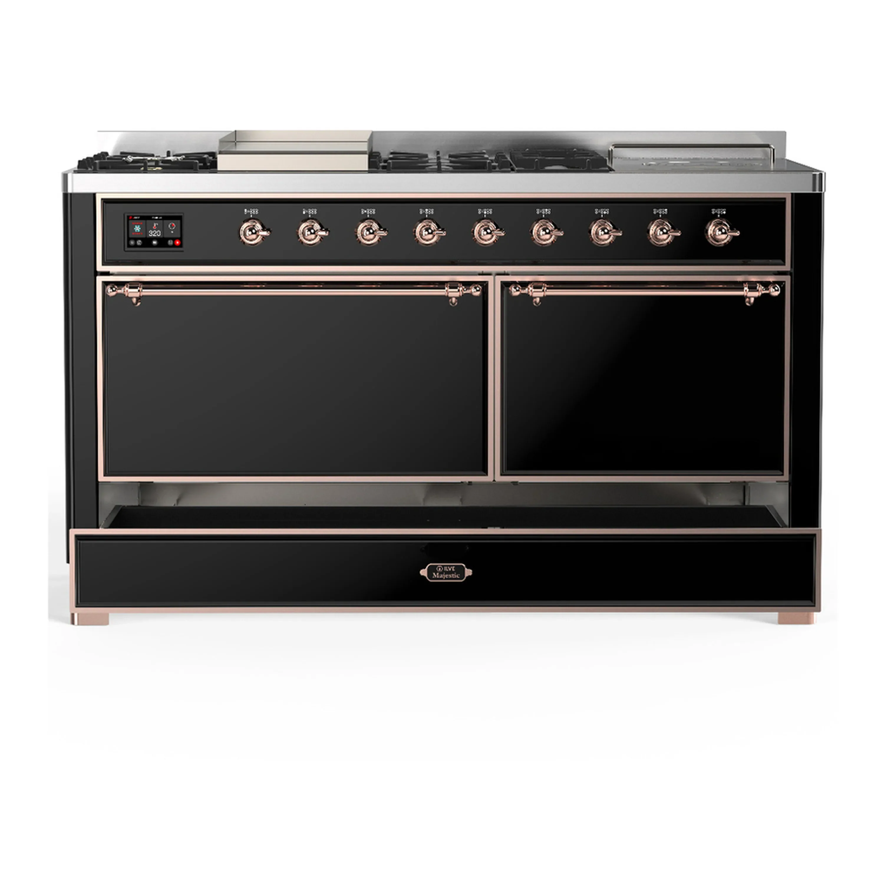 ILVE Majestic III 60-inch Dual Fuel Range with 5 Liquid Propane Burner, Griddle, French Top and Solid Door Electric Oven in Glossy Black with Copper Trim (UM60FSQNR3BKPLP) - Image 3