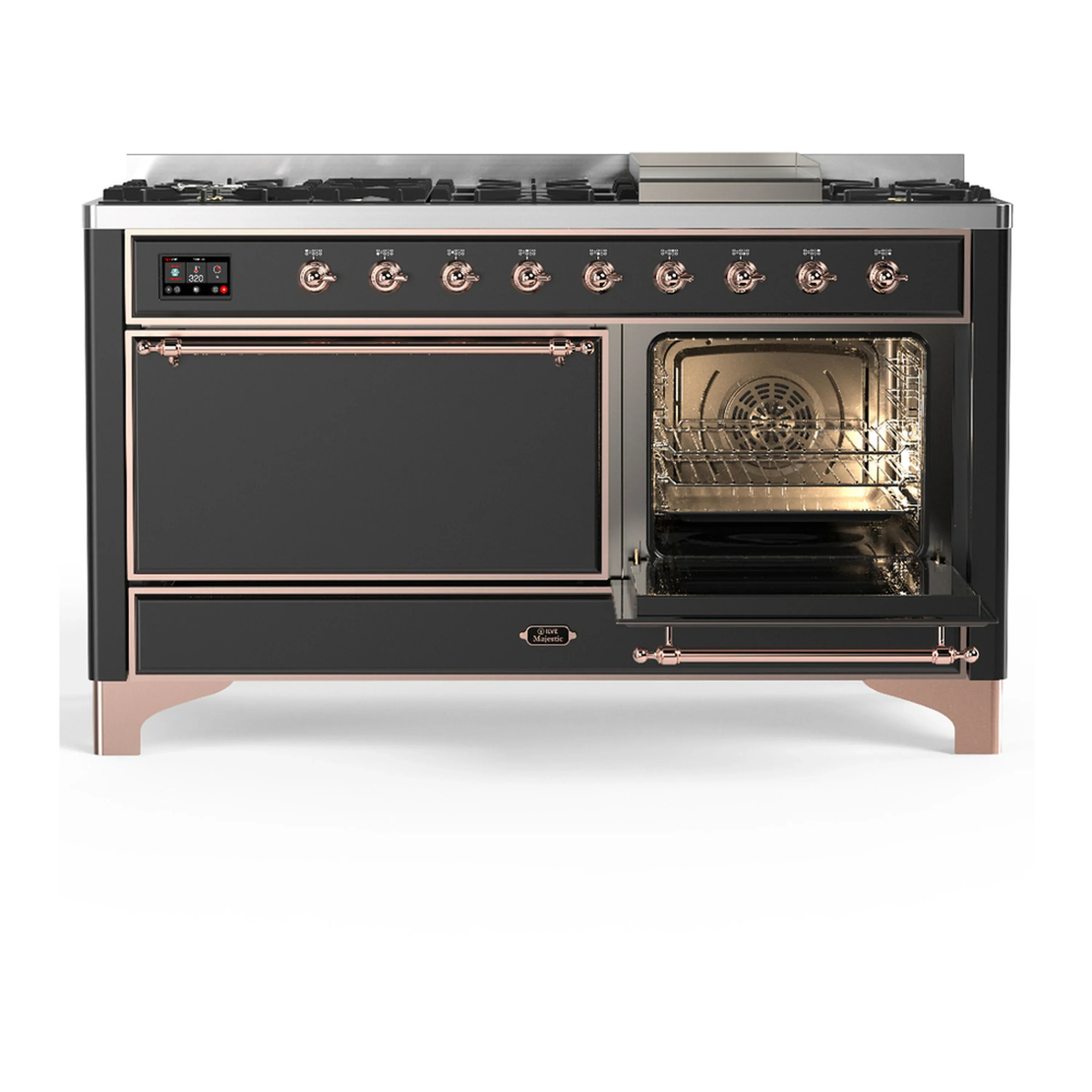 ILVE Majestic III 60-inch Dual Fuel Range with 7 Natural Gas Burner, Griddle and Solid Door Electric Oven in Graphite Matte with Copper Trim (UM60FQNR3MGP) - Image 4