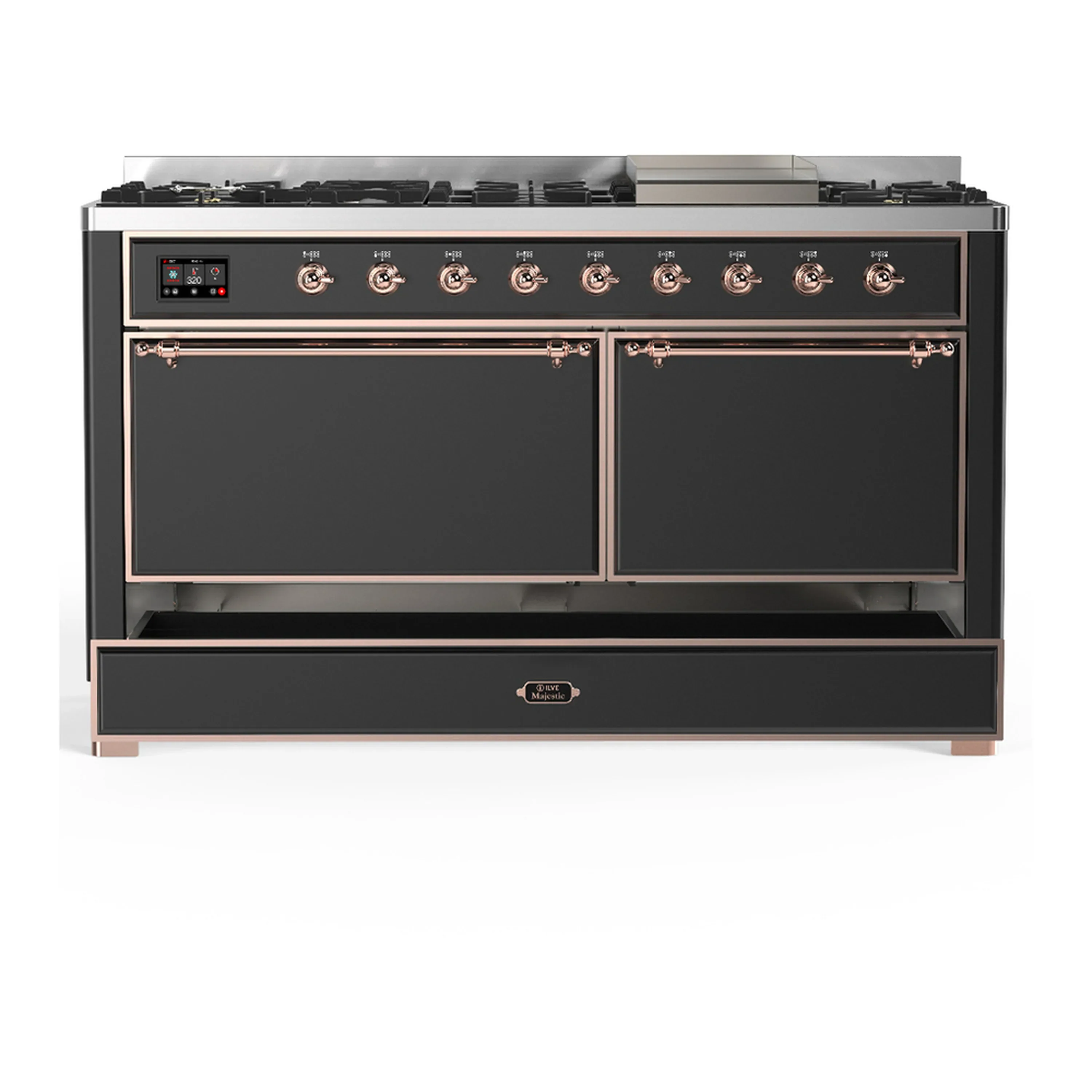 ILVE Majestic III 60-inch Dual Fuel Range with 5 Liquid Propane Burner, Griddle and Solid Door Electric Oven in Graphite Matte with Copper Trim (UM60FQNR3MGPLP) - Image 3