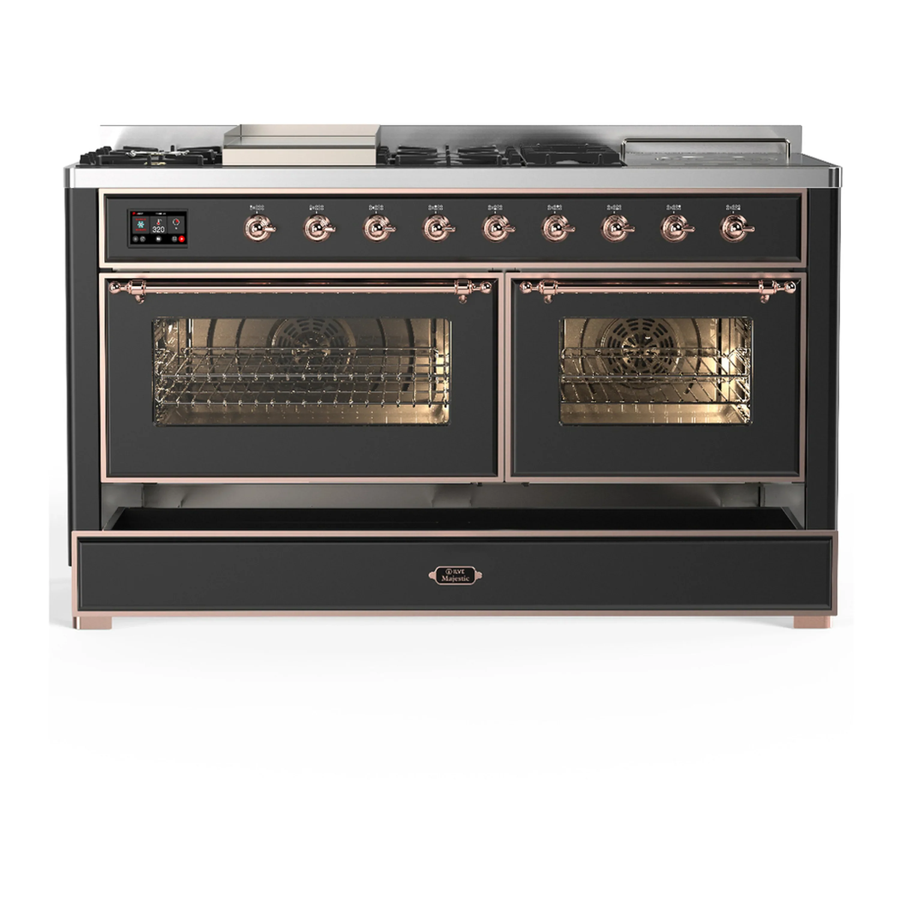 ILVE Majestic III 60-inch Dual Fuel Range with 7 Natural Gas Burner, Griddle, French Top and Triple Glass Door Electric Oven in Graphite Matte with Copper Trim (UM60FSNR3MGP) - Image 3
