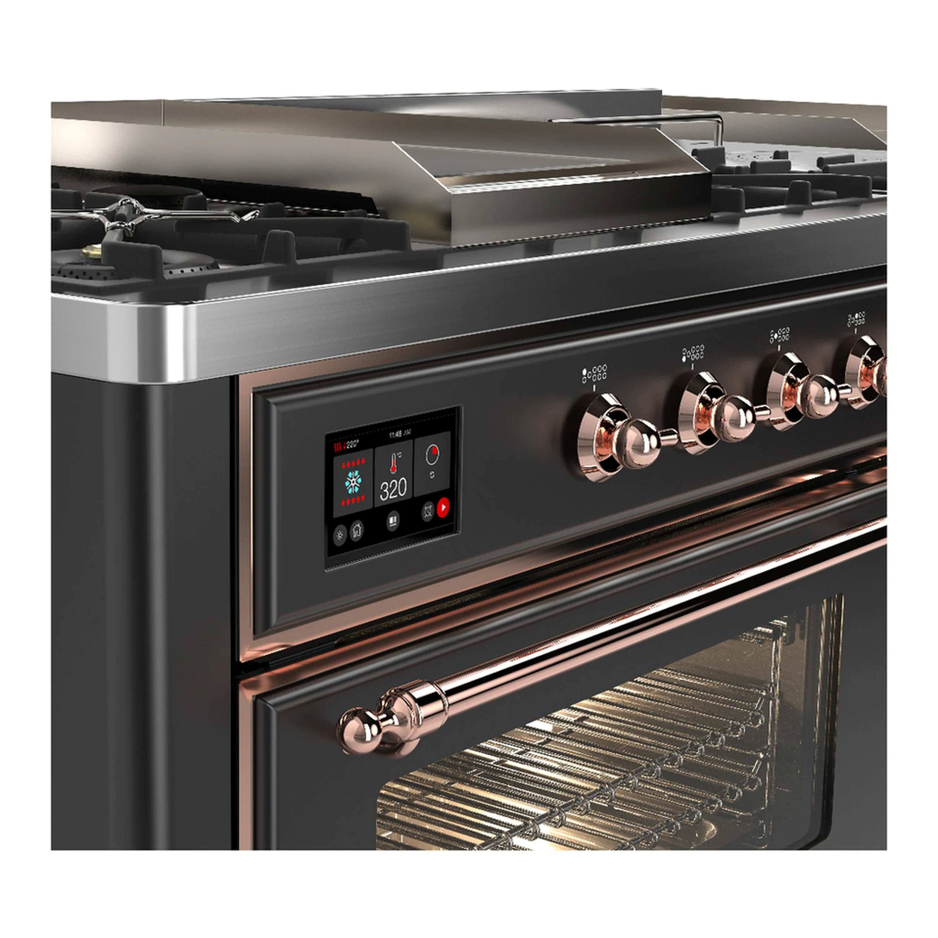 ILVE Majestic III 60-inch Dual Fuel Range with 5 Liquid Propane Burner, Griddle, French Top and Triple Glass Door Electric Oven in Graphite Matte with Copper Trim (UM60FSNR3MGPLP) - Image 7