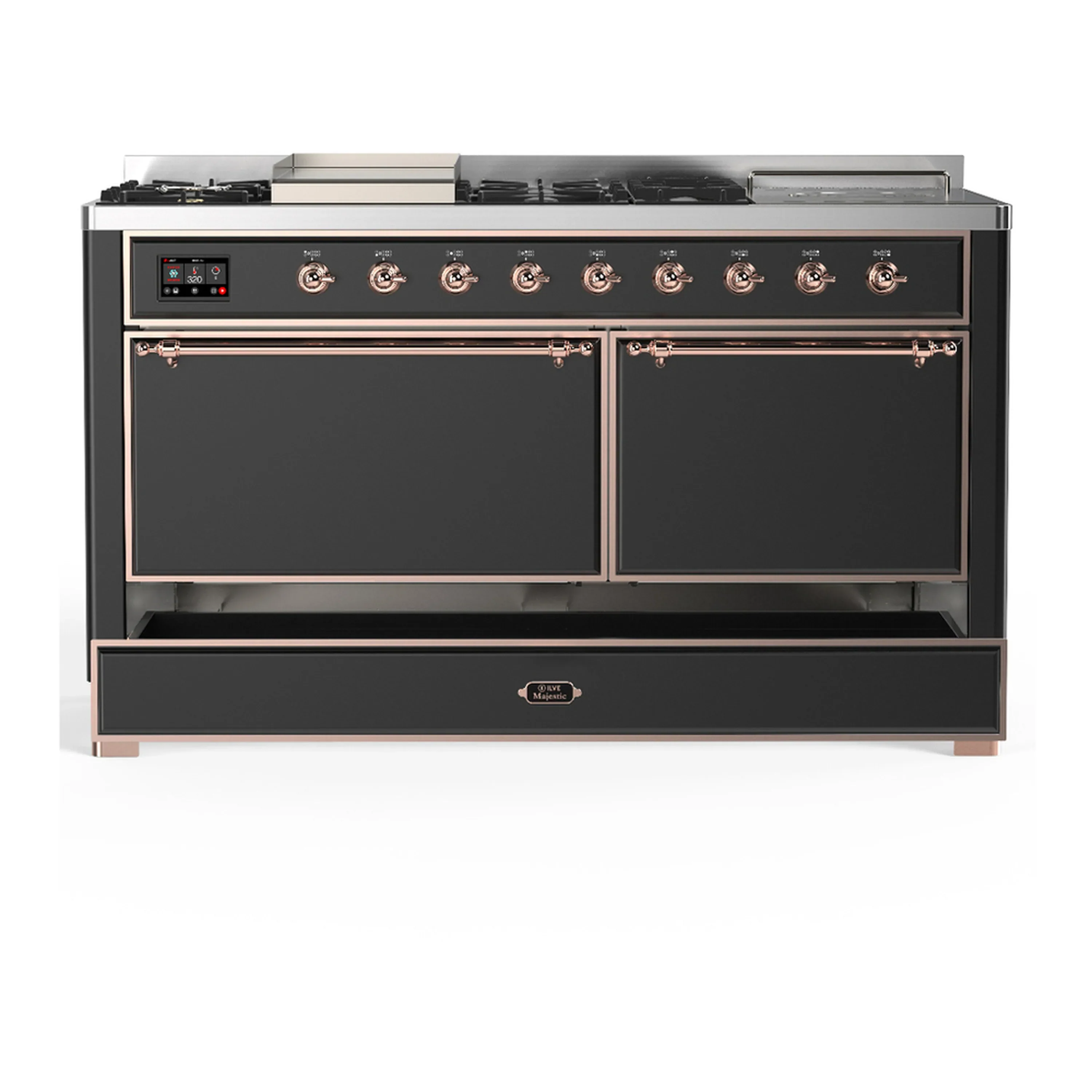 ILVE Majestic III 60-inch Dual Fuel Range with 5 Liquid Propane Burner, Griddle, French Top and Solid Door Electric Oven in Graphite Matte with Copper Trim (UM60FSQNR3MGPLP) - Image 3