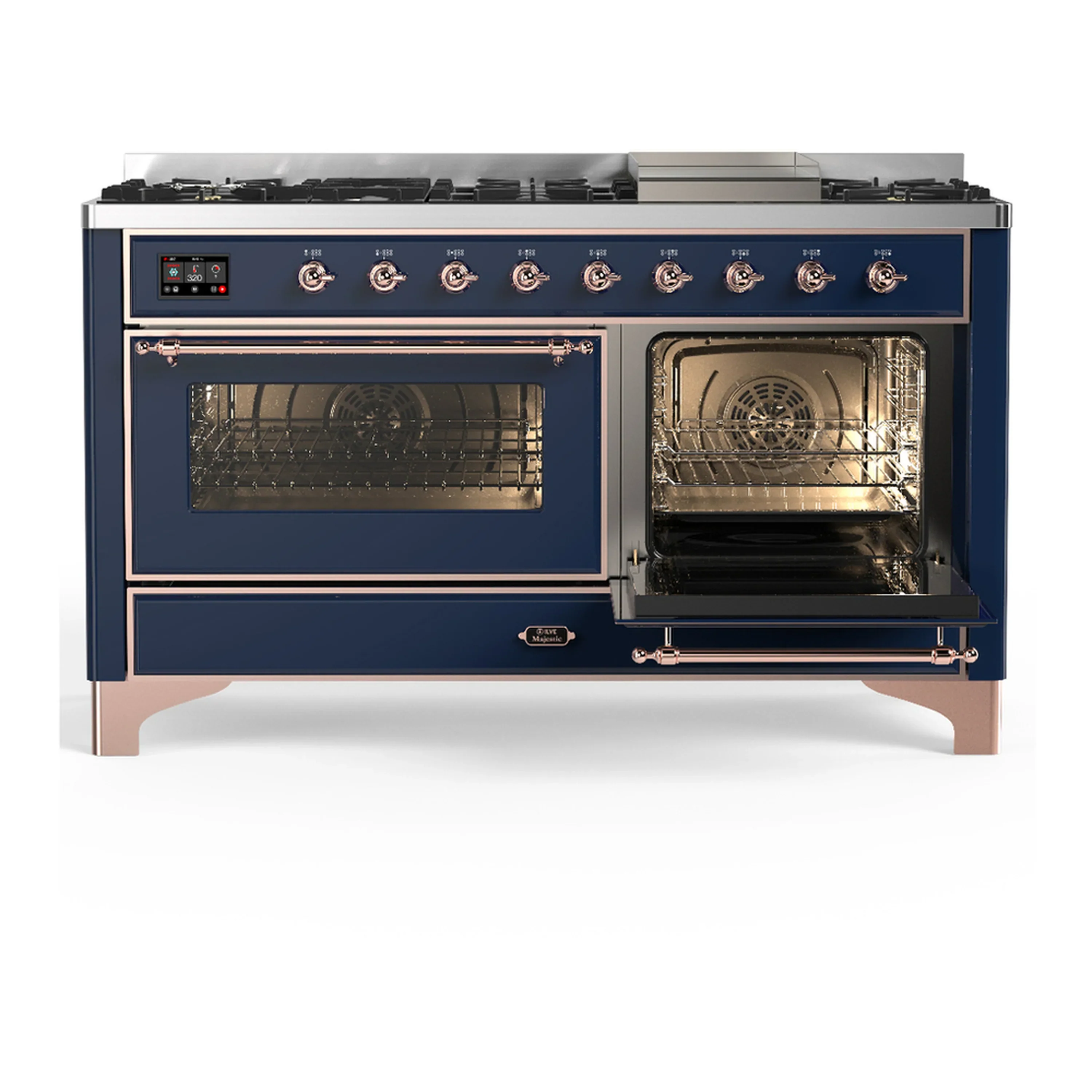 ILVE Majestic III 60-inch Dual Fuel Range with 7 Natural Gas Burner, Griddle and Triple Glass Door Electric Oven in Midnight Blue with Copper Trim (UM60FNR3MBP) - Image 4