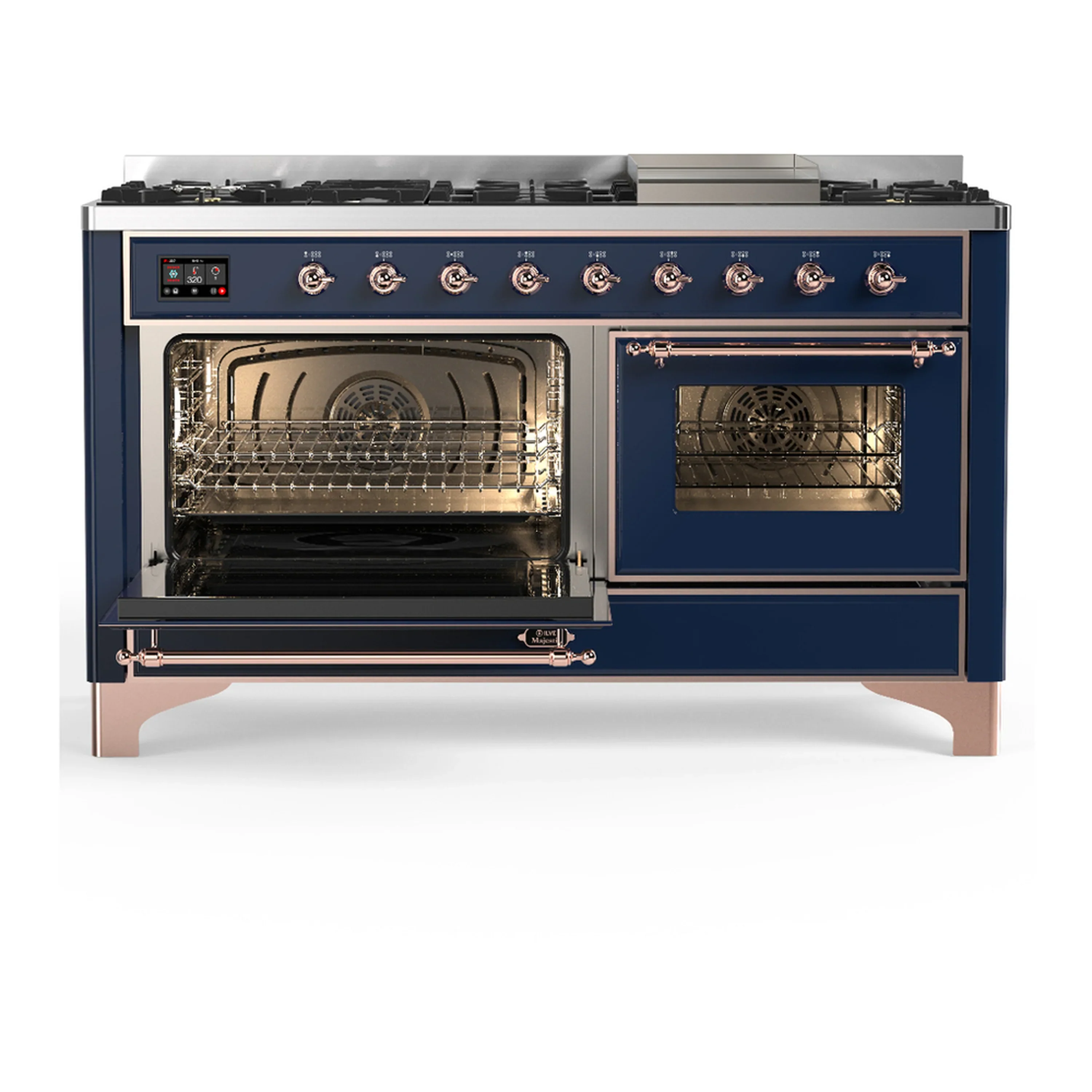ILVE Majestic III 60-inch Dual Fuel Range with 7 Natural Gas Burner, Griddle and Triple Glass Door Electric Oven in Midnight Blue with Copper Trim (UM60FNR3MBP) - Image 5