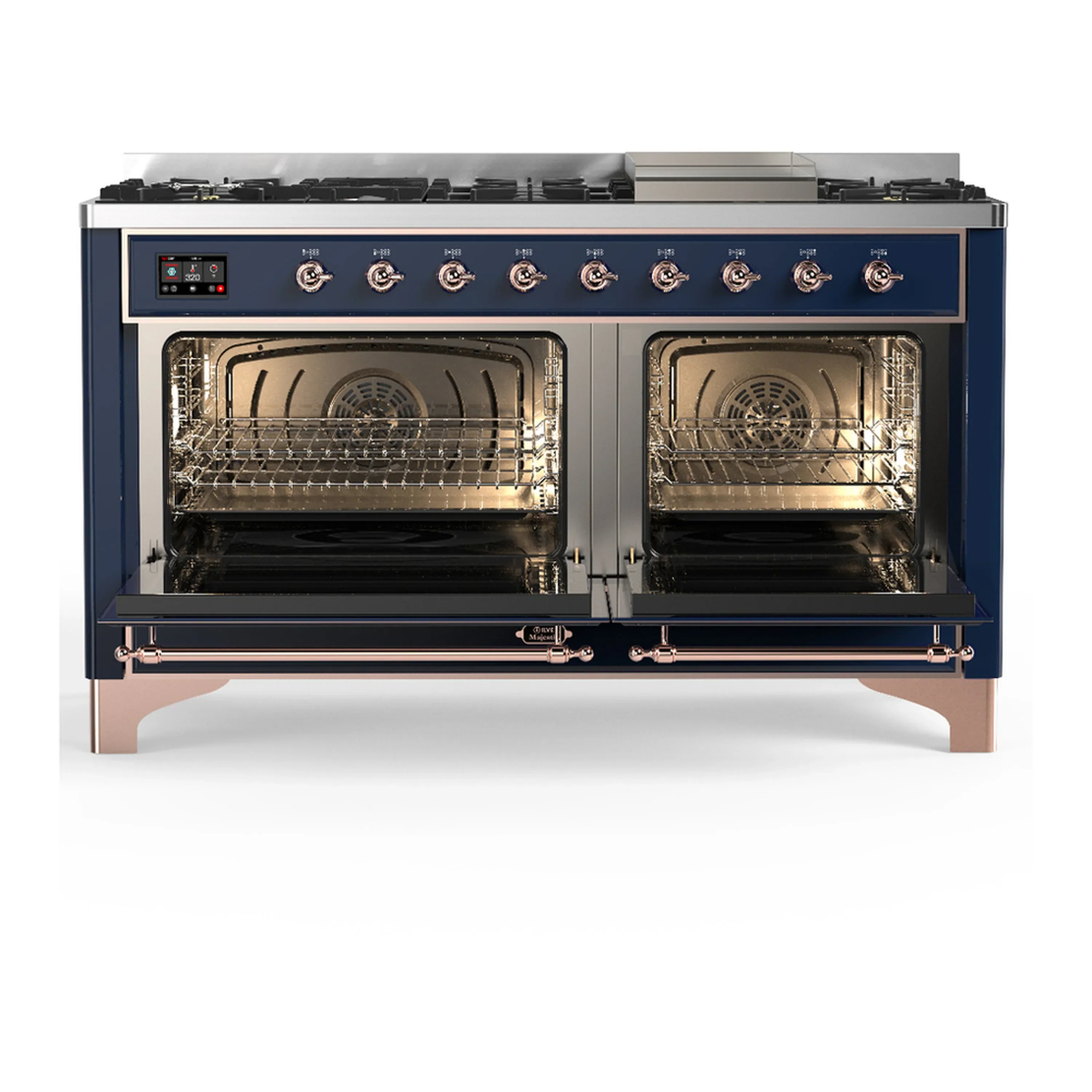 ILVE Majestic III 60-inch Dual Fuel Range with 7 Natural Gas Burner, Griddle and Triple Glass Door Electric Oven in Midnight Blue with Copper Trim (UM60FNR3MBP) - Image 6