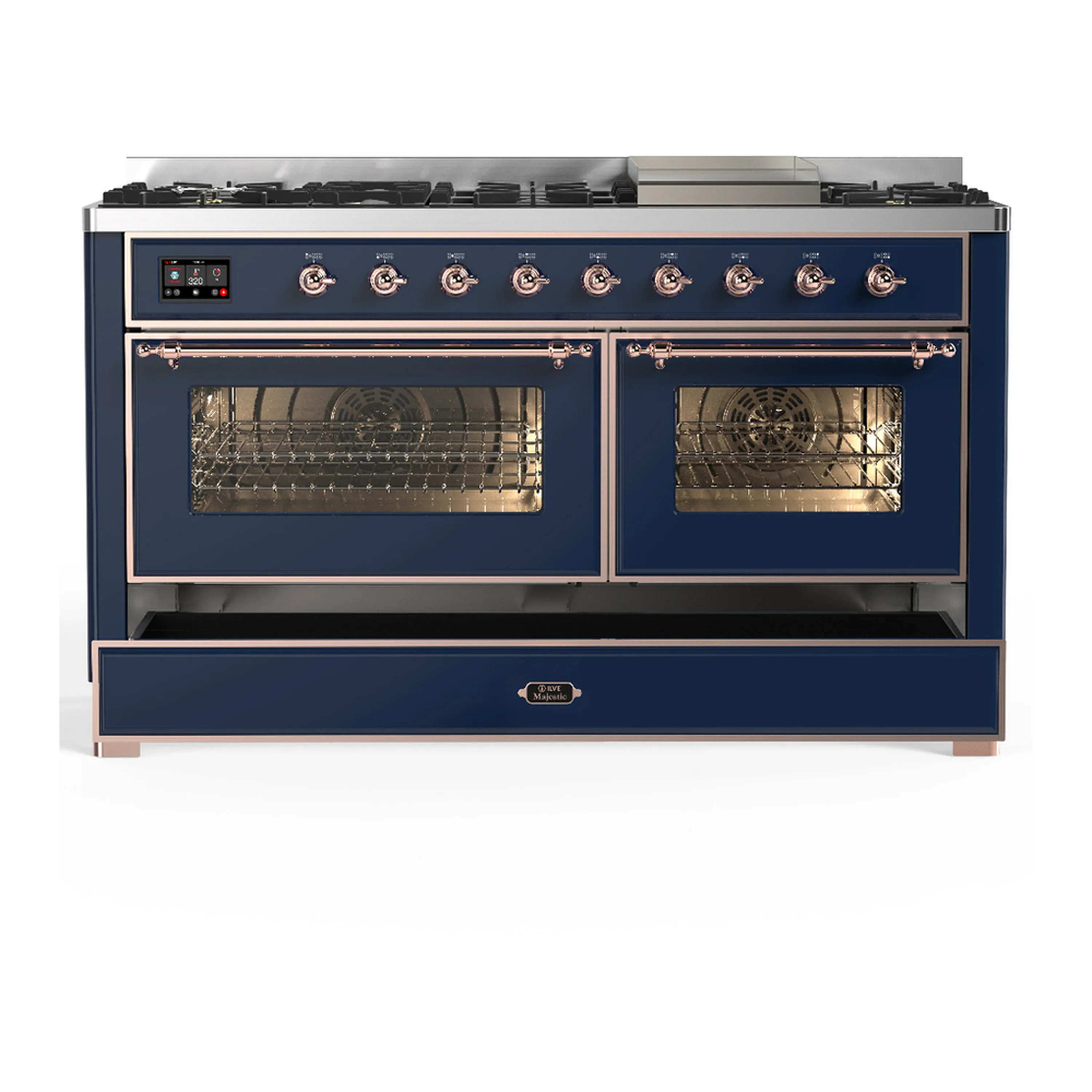 ILVE Majestic III 60-inch Dual Fuel Range with 5 Liquid Propane Burner, Griddle and Triple Glass Door Electric Oven in Midnight Blue with Copper Trim (UM60FNR3MBPLP) - Image 3