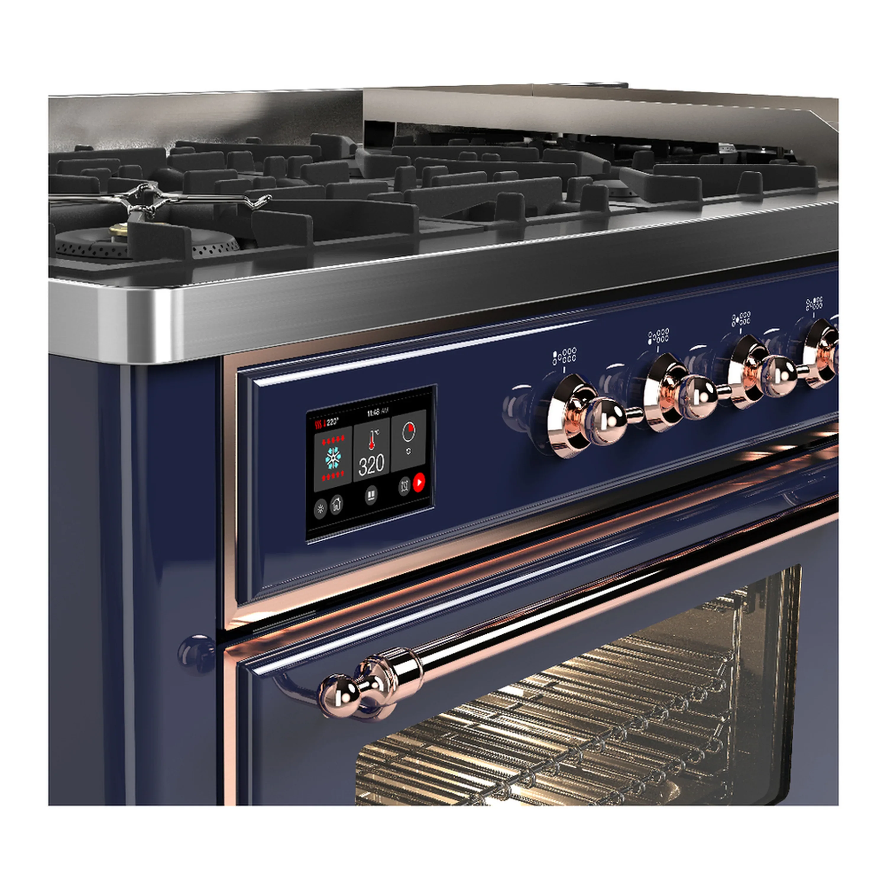 ILVE Majestic III 60-inch Dual Fuel Range with 5 Liquid Propane Burner, Griddle and Triple Glass Door Electric Oven in Midnight Blue with Copper Trim (UM60FNR3MBPLP) - Image 7