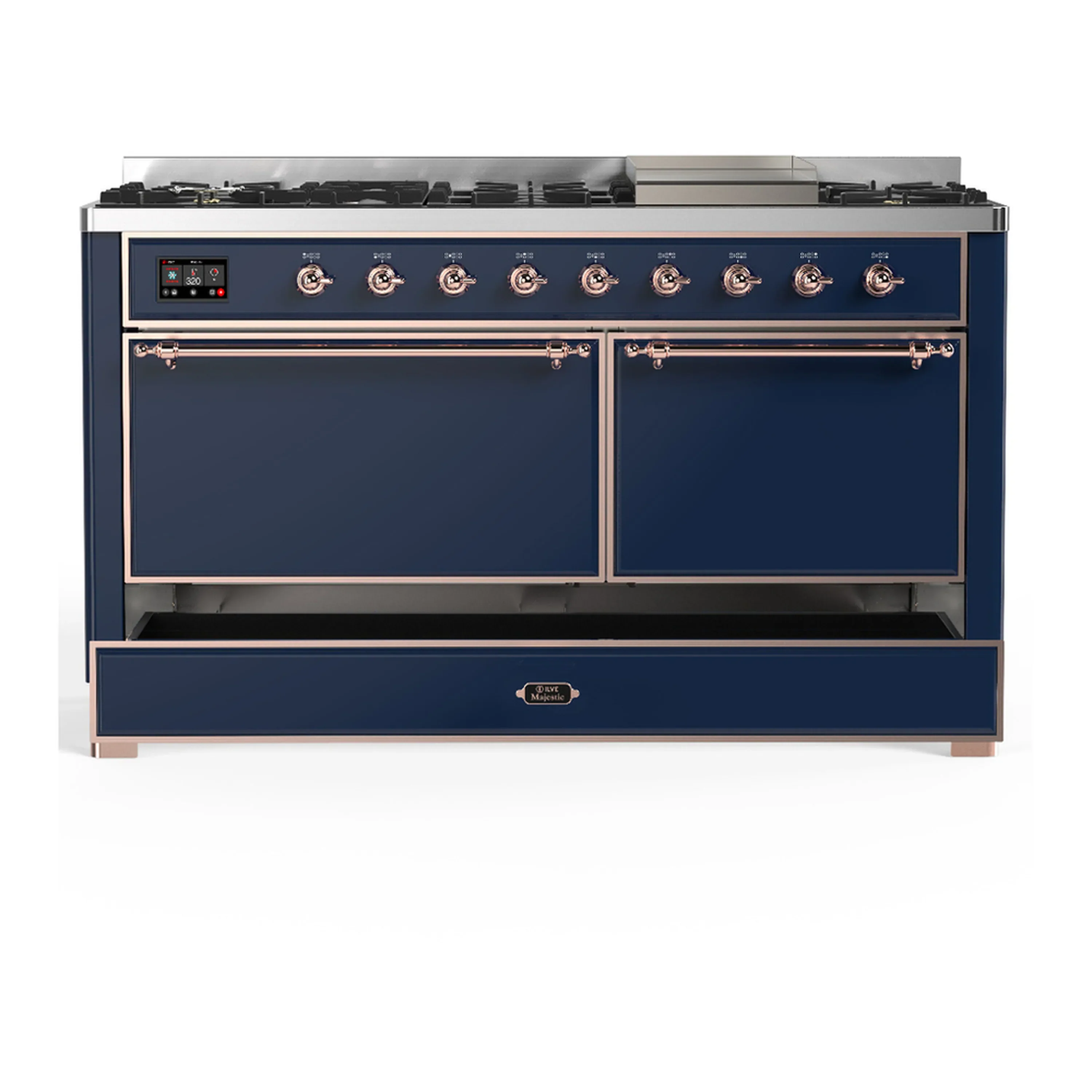 ILVE Majestic III 60-inch Dual Fuel Range with 5 Liquid Propane Burner, Griddle and Solid Door Electric Oven in Midnight Blue with Copper Trim (UM60FQNR3MBPLP) - Image 3