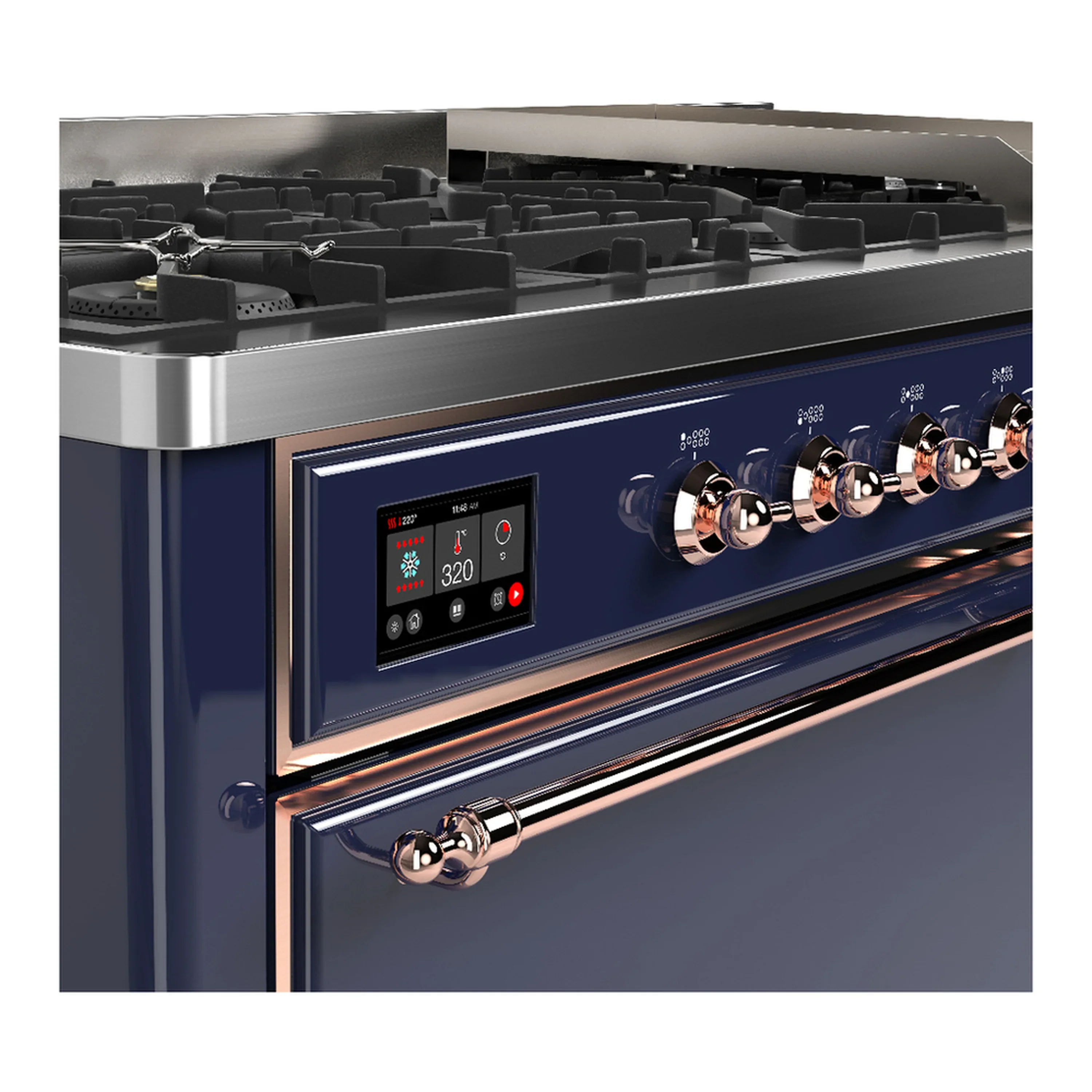 ILVE Majestic III 60-inch Dual Fuel Range with 5 Liquid Propane Burner, Griddle and Solid Door Electric Oven in Midnight Blue with Copper Trim (UM60FQNR3MBPLP) - Image 7