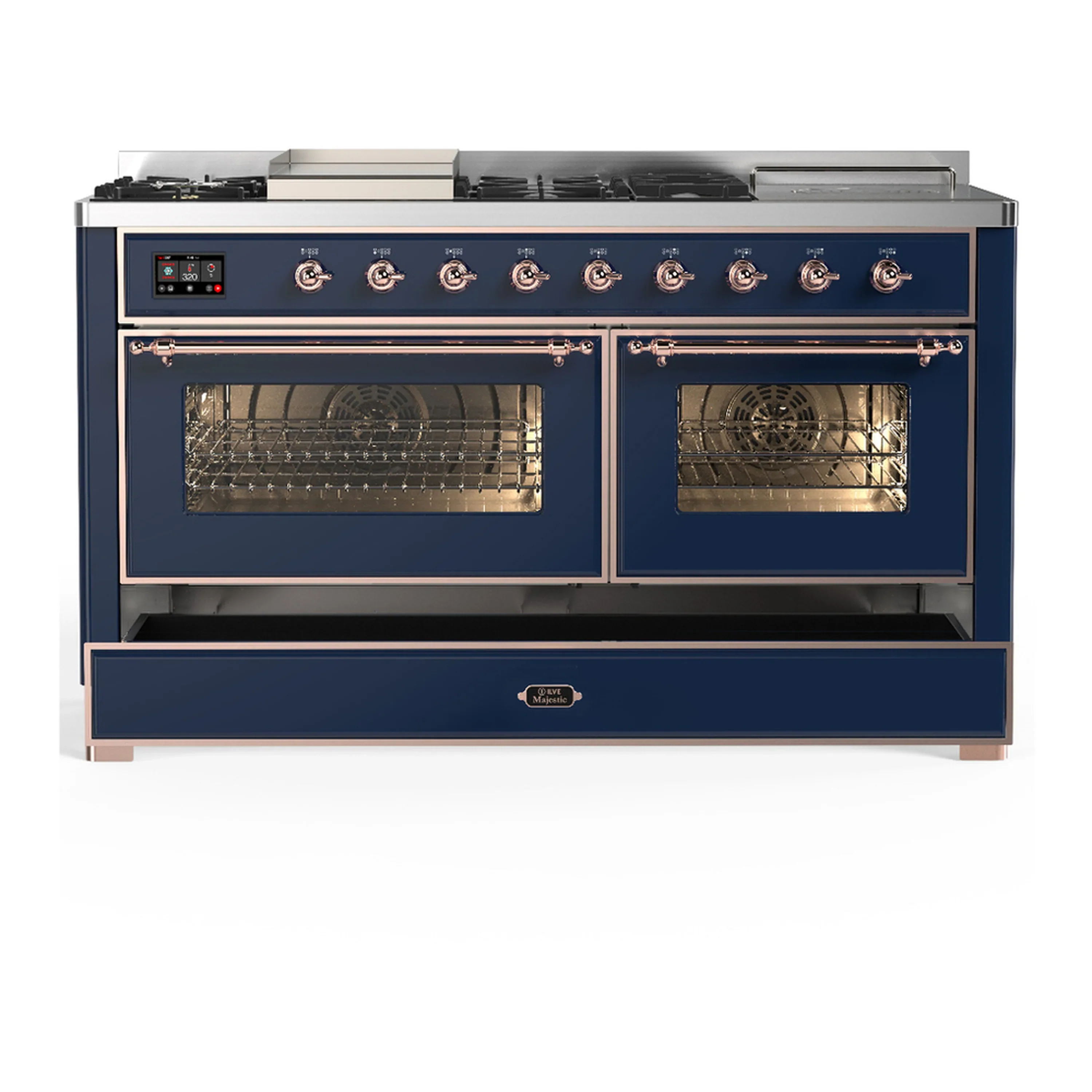 ILVE Majestic III 60-inch Dual Fuel Range with 7 Natural Gas Burner, Griddle, French Top and Triple Glass Door Electric Oven in Midnight Blue with Copper Trim (UM60FSNR3MBP) - Image 3