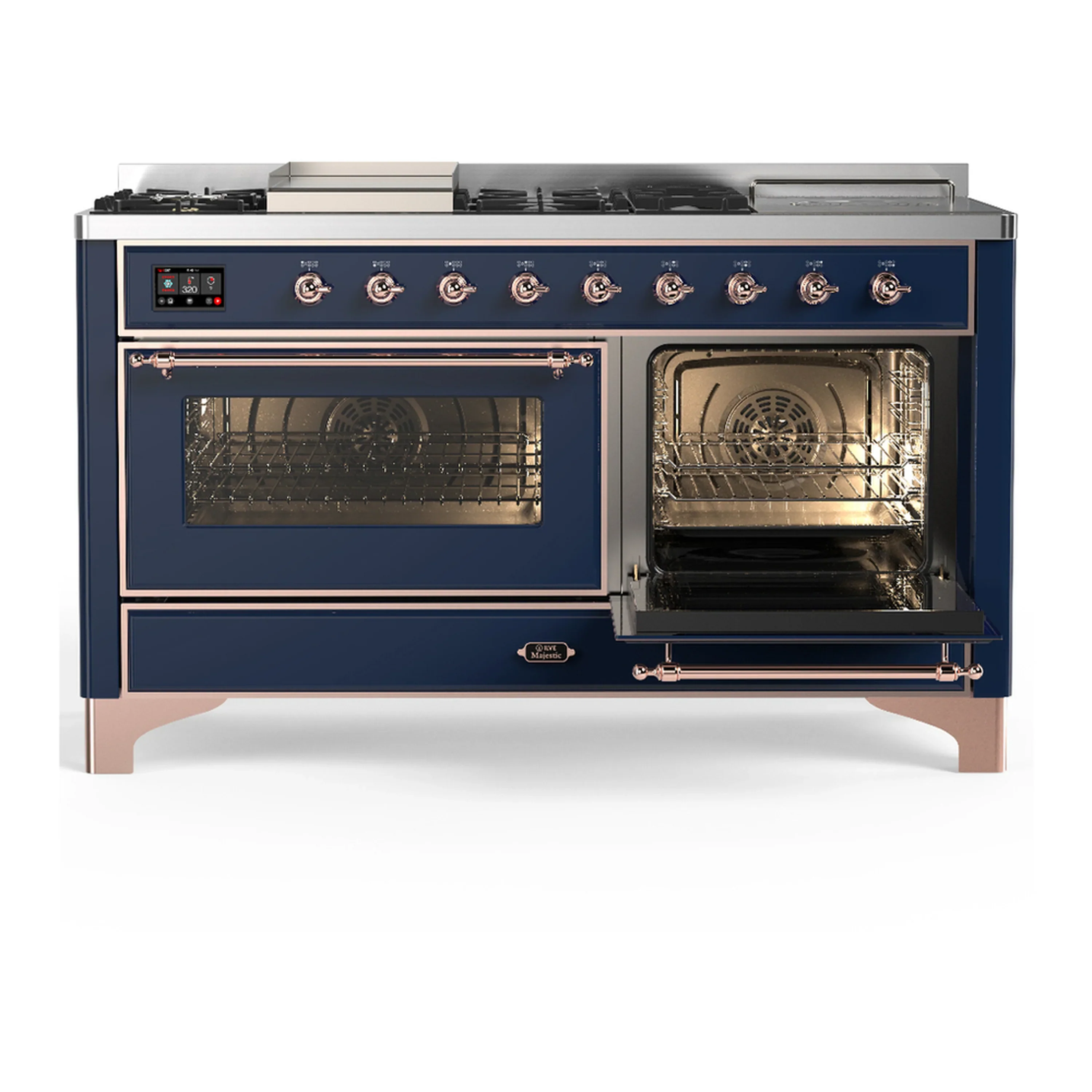 ILVE Majestic III 60-inch Dual Fuel Range with 7 Natural Gas Burner, Griddle, French Top and Triple Glass Door Electric Oven in Midnight Blue with Copper Trim (UM60FSNR3MBP) - Image 4