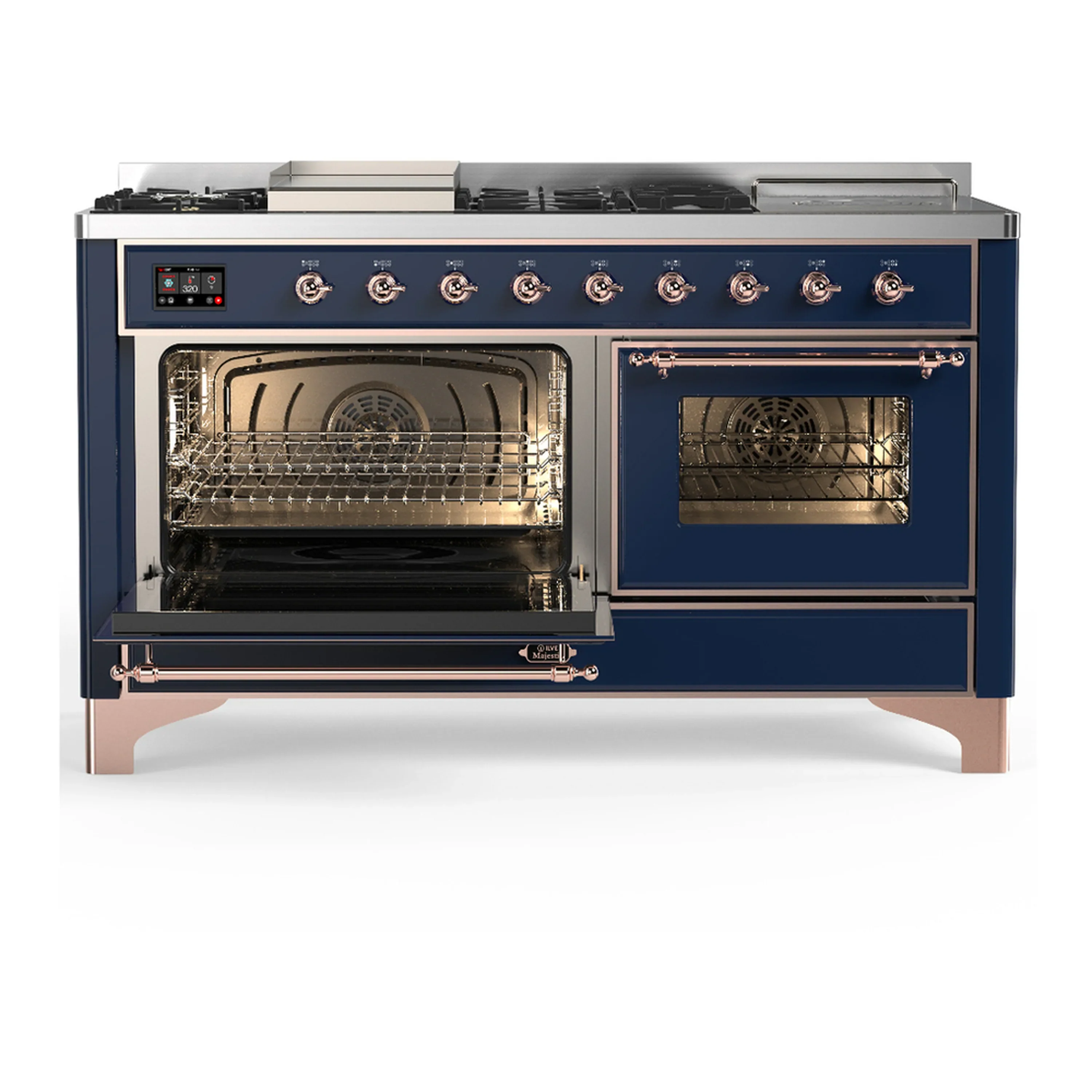 ILVE Majestic III 60-inch Dual Fuel Range with 7 Natural Gas Burner, Griddle, French Top and Triple Glass Door Electric Oven in Midnight Blue with Copper Trim (UM60FSNR3MBP) - Image 5