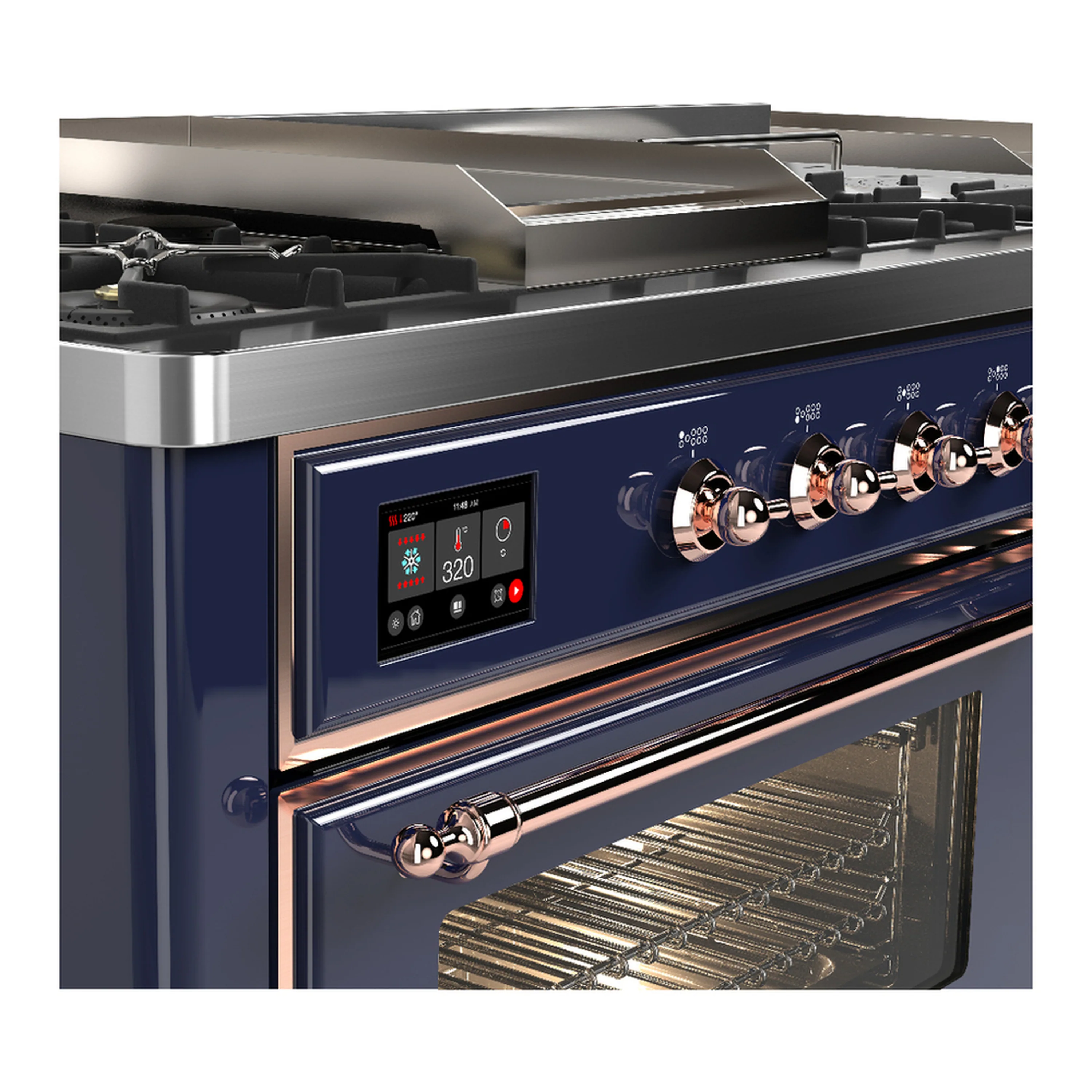 ILVE Majestic III 60-inch Dual Fuel Range with 7 Natural Gas Burner, Griddle, French Top and Triple Glass Door Electric Oven in Midnight Blue with Copper Trim (UM60FSNR3MBP) - Image 7