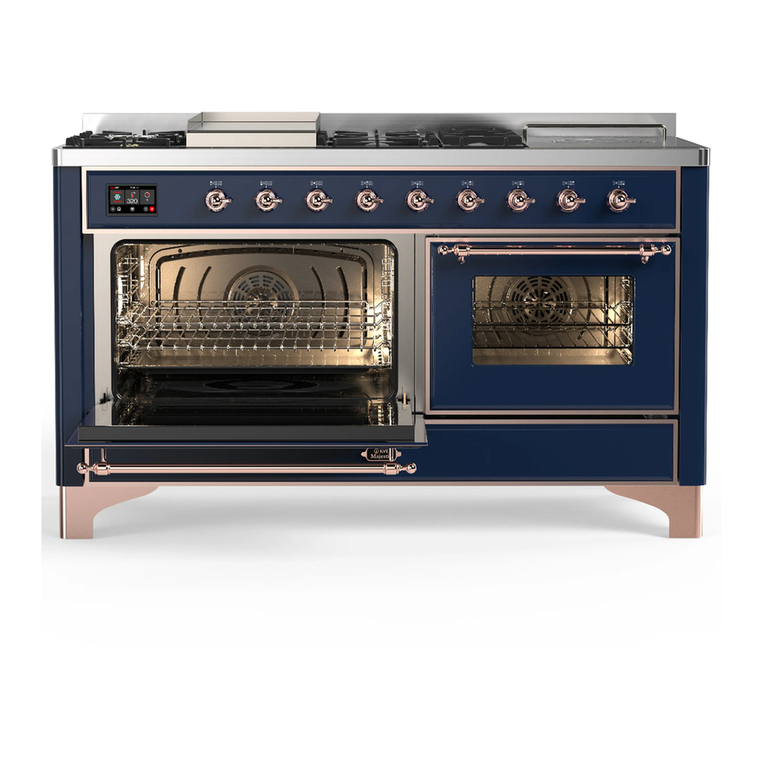 ILVE Majestic III 60-inch Dual Fuel Range with 5 Liquid Propane Burner, Griddle, French Top and Triple Glass Door Electric Oven in Midnight Blue with Copper Trim (UM60FSNR3MBPLP) - Image 5