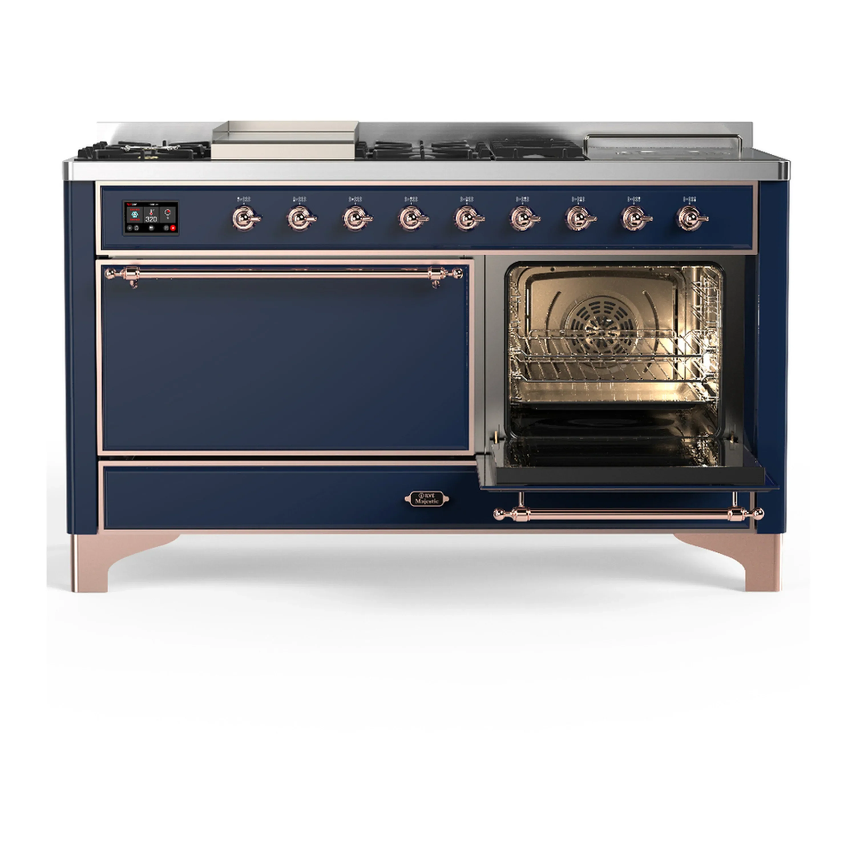 ILVE Majestic III 60-inch Dual Fuel Range with 5 Liquid Propane Burner, Griddle, French Top and Solid Door Electric Oven in Midnight Blue with Copper Trim (UM60FSQNR3MBPLP) - Image 4