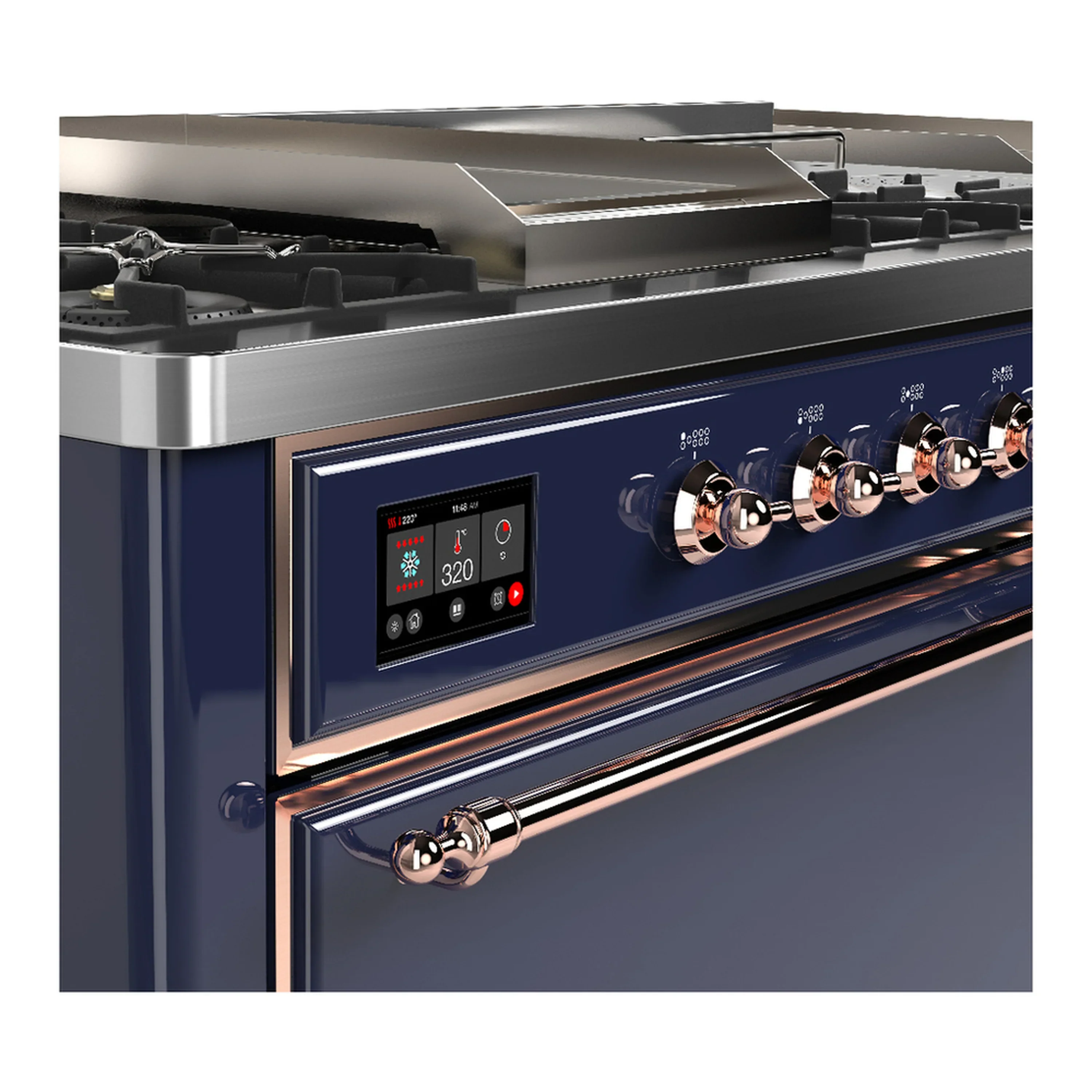 ILVE Majestic III 60-inch Dual Fuel Range with 5 Liquid Propane Burner, Griddle, French Top and Solid Door Electric Oven in Midnight Blue with Copper Trim (UM60FSQNR3MBPLP) - Image 7
