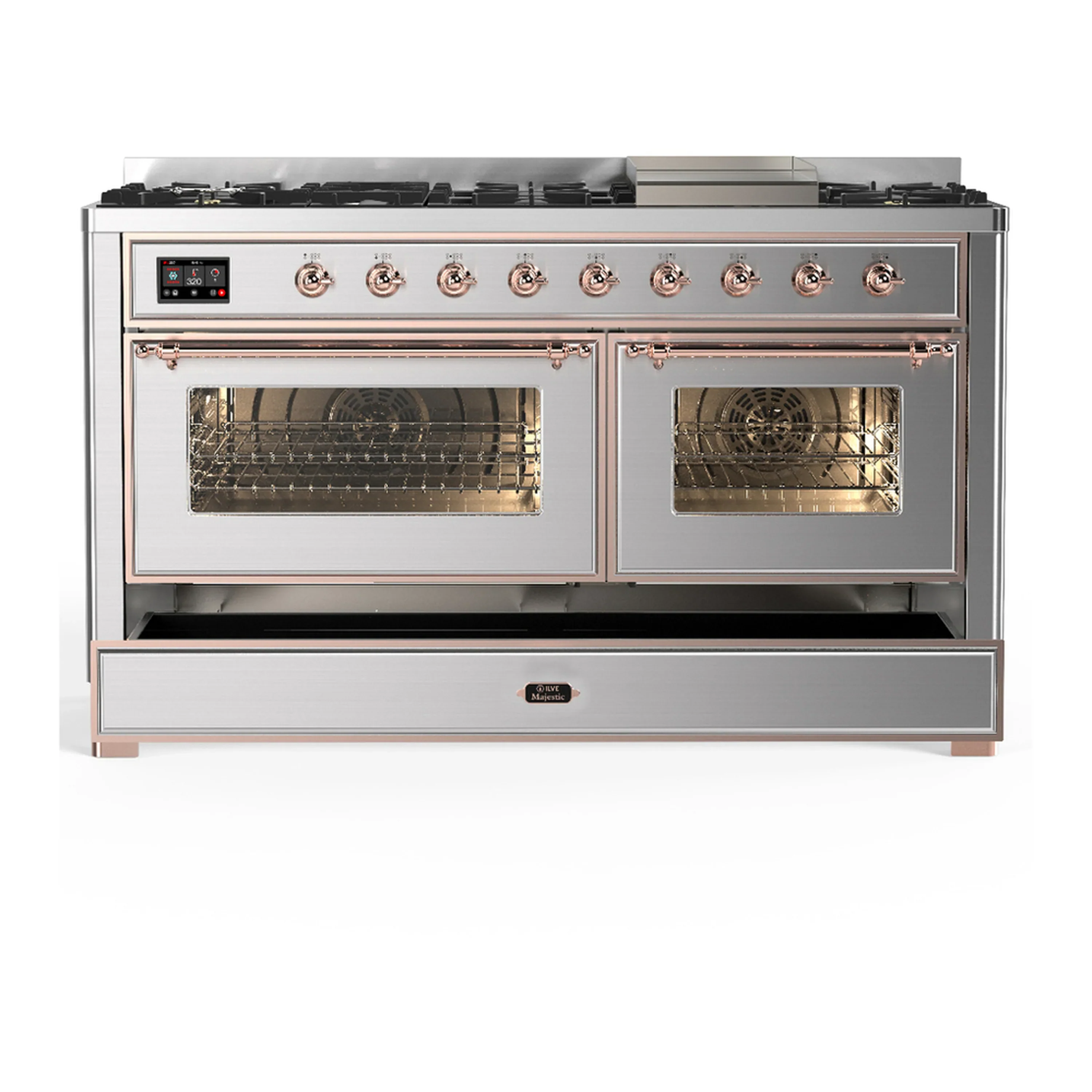 ILVE Majestic III 60-inch Dual Fuel Range with 7 Natural Gas Burner, Griddle and Triple Glass Door Electric Oven in Stainless Steel with Copper Trim (UM60FNR3SSP) - Image 3