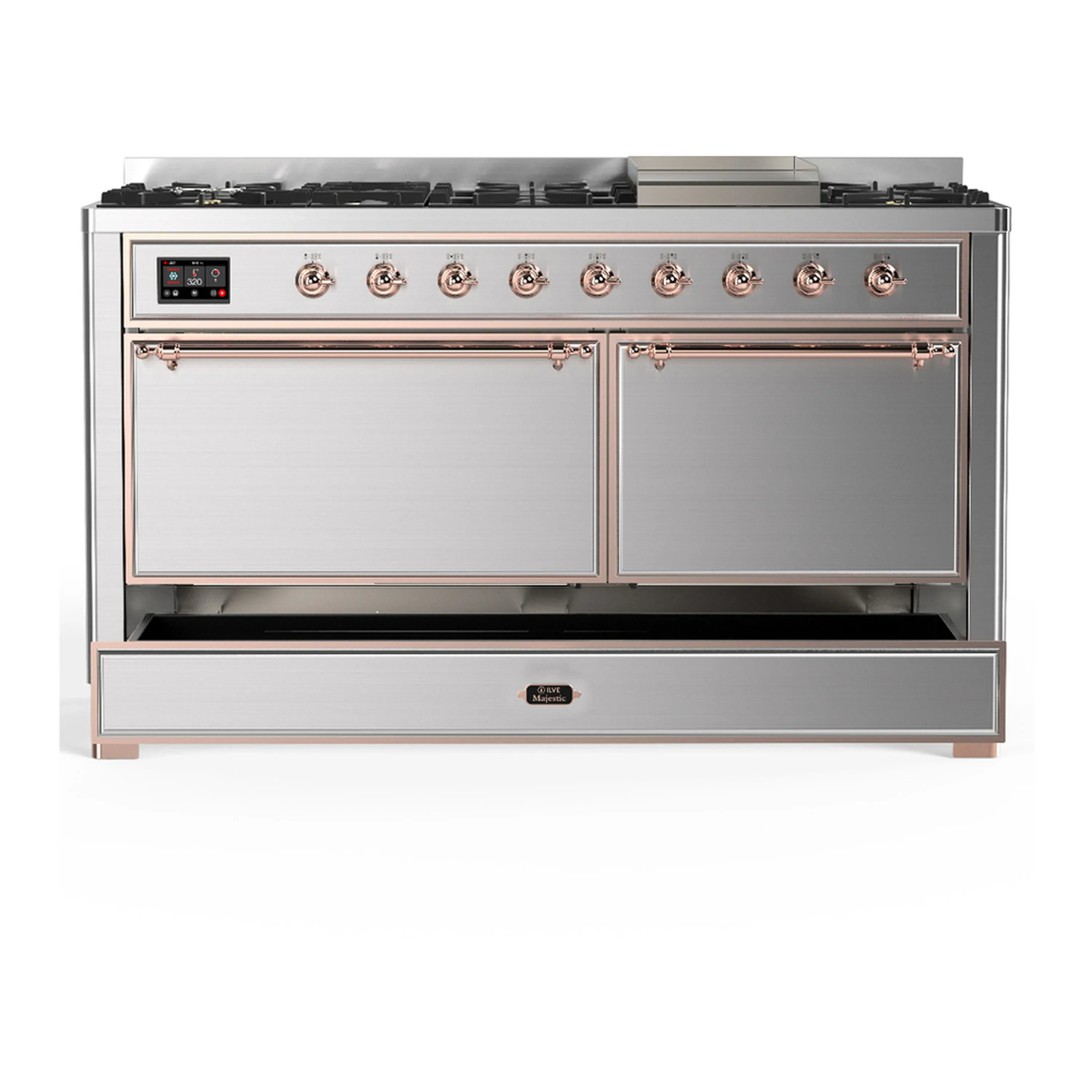 ILVE Majestic III 60-inch Dual Fuel Range with 7 Natural Gas Burner, Griddle and Solid Door Electric Oven in Stainless Steel with Copper Trim (UM60FQNR3SSP) - Image 3