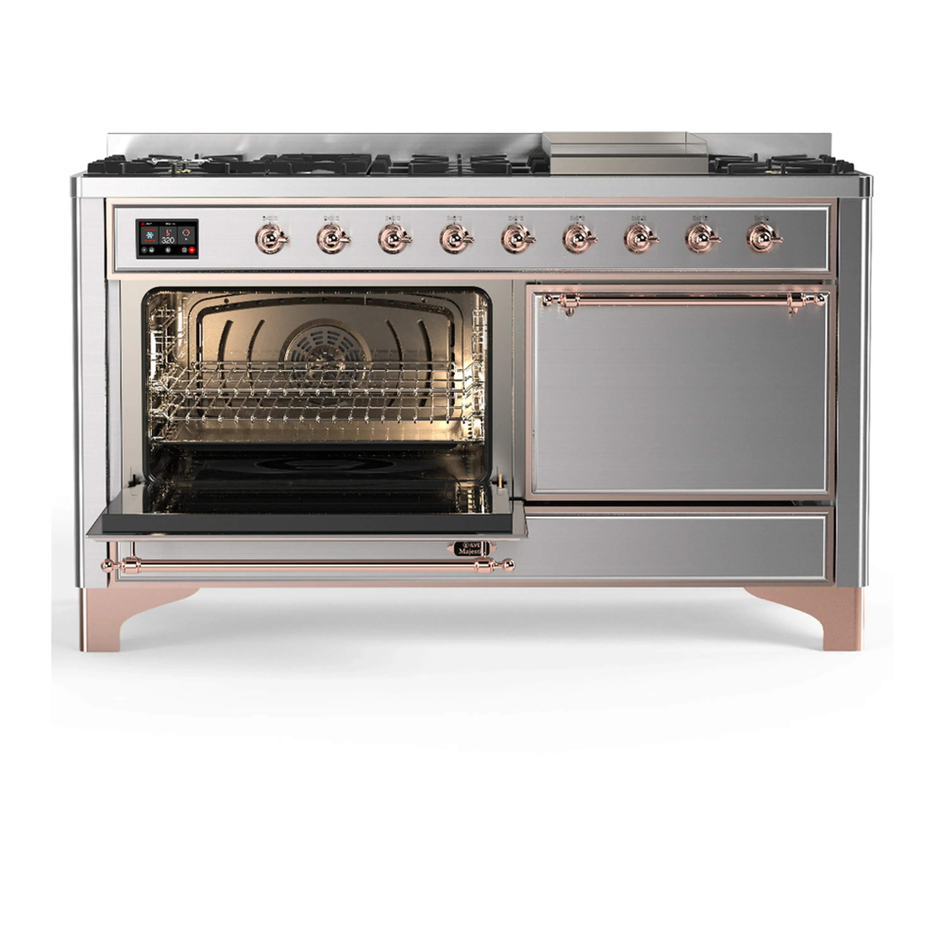 ILVE Majestic III 60-inch Dual Fuel Range with 7 Natural Gas Burner, Griddle and Solid Door Electric Oven in Stainless Steel with Copper Trim (UM60FQNR3SSP) - Image 5