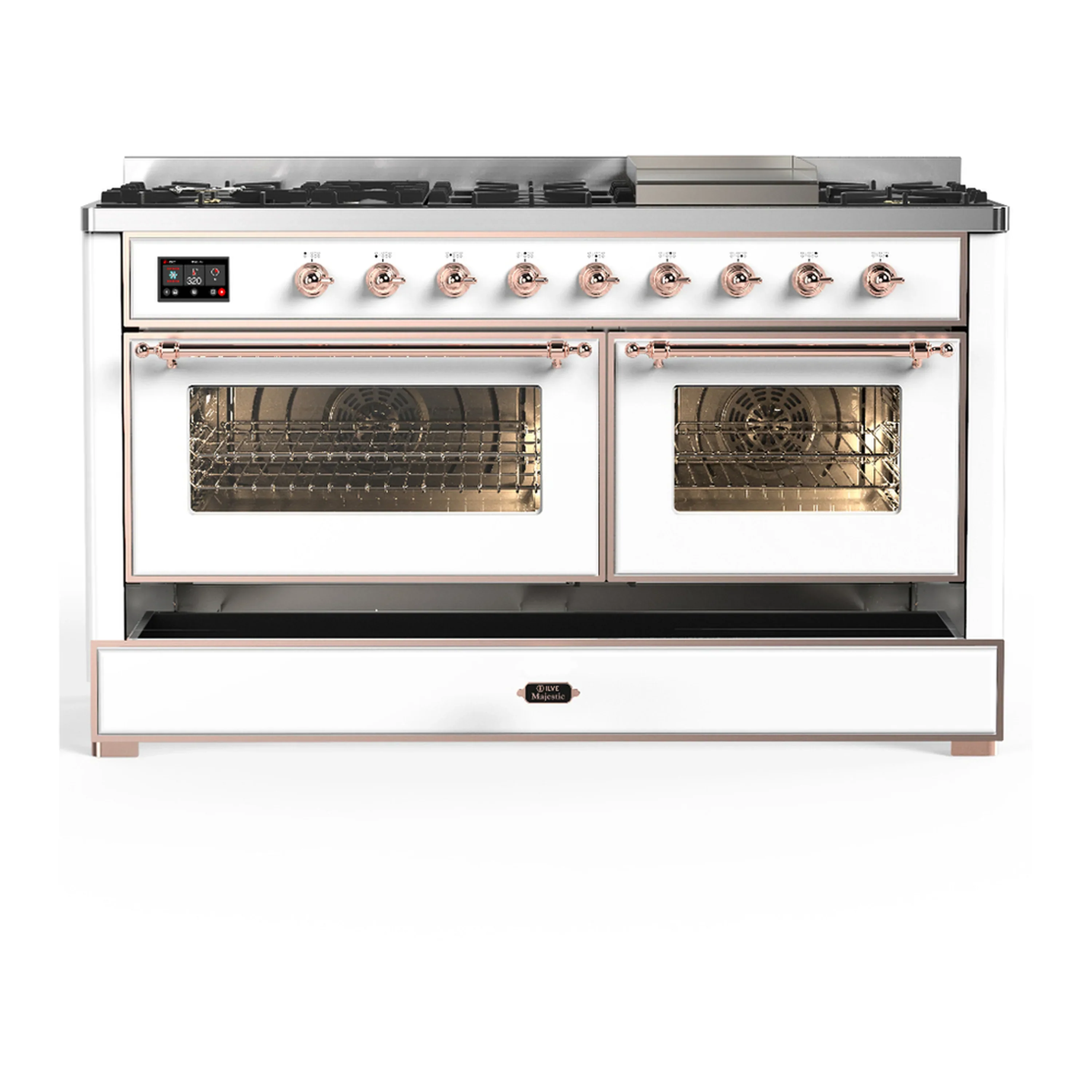 ILVE Majestic III 60-inch Dual Fuel Range with 7 Natural Gas Burner, Griddle and Triple Glass Door Electric Oven in White with Copper Trim (UM60FNR3WHP) - Image 3