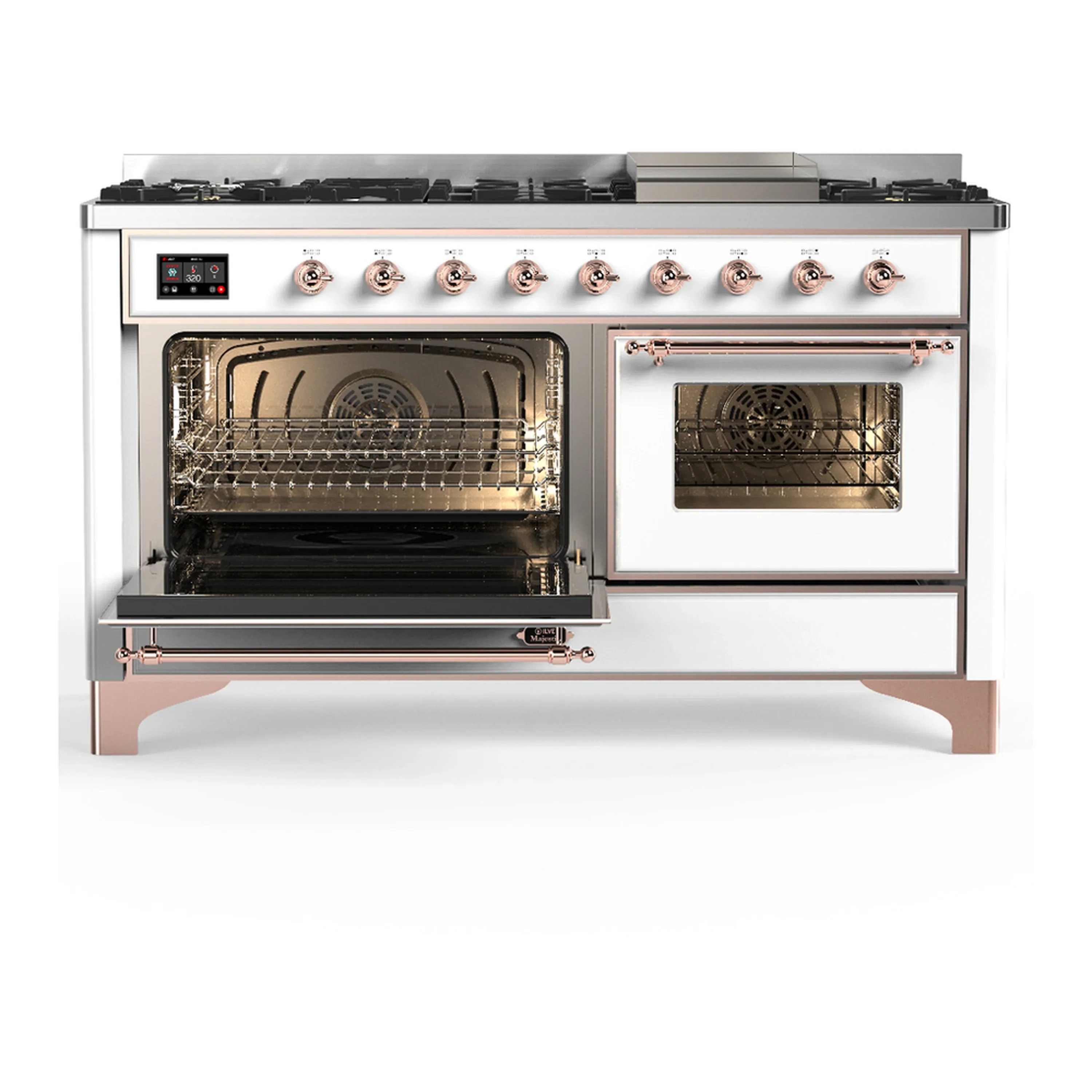 ILVE Majestic III 60-inch Dual Fuel Range with 7 Natural Gas Burner, Griddle and Triple Glass Door Electric Oven in White with Copper Trim (UM60FNR3WHP) - Image 5