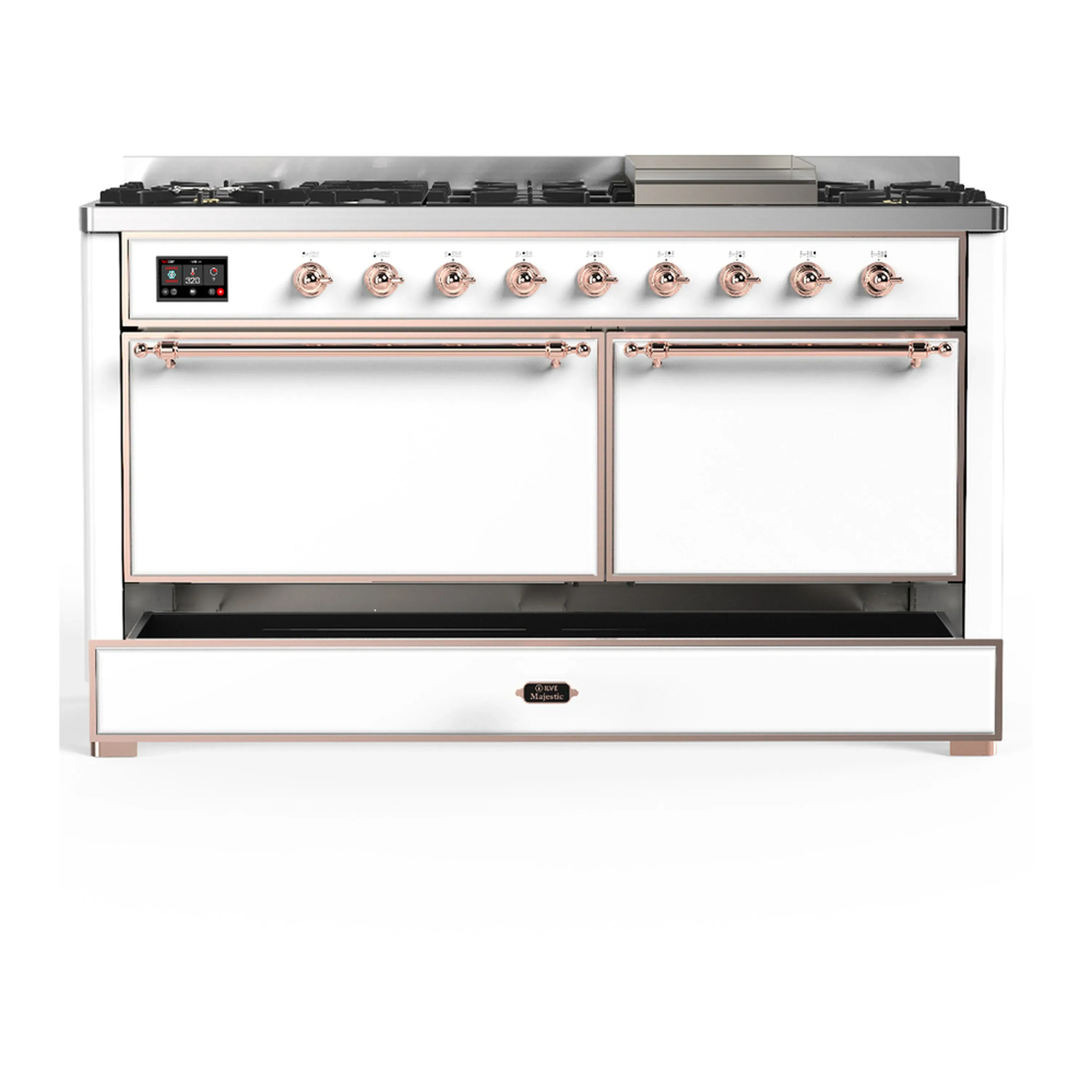 ILVE Majestic III 60-inch Dual Fuel Range with 7 Natural Gas Burner, Griddle and Solid Door Electric Oven in White with Copper Trim (UM60FQNR3WHP) - Image 3