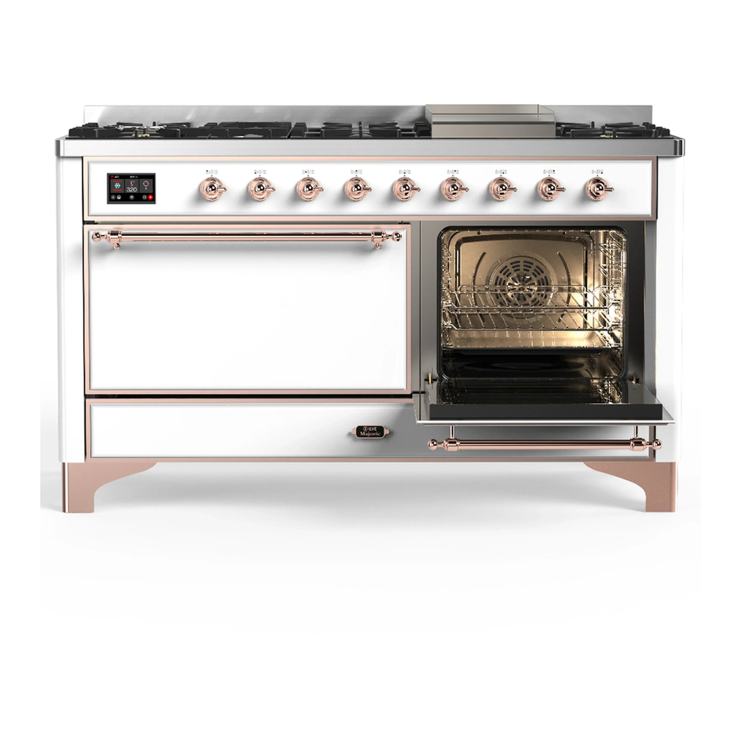 ILVE Majestic III 60-inch Dual Fuel Range with 7 Natural Gas Burner, Griddle and Solid Door Electric Oven in White with Copper Trim (UM60FQNR3WHP) - Image 4