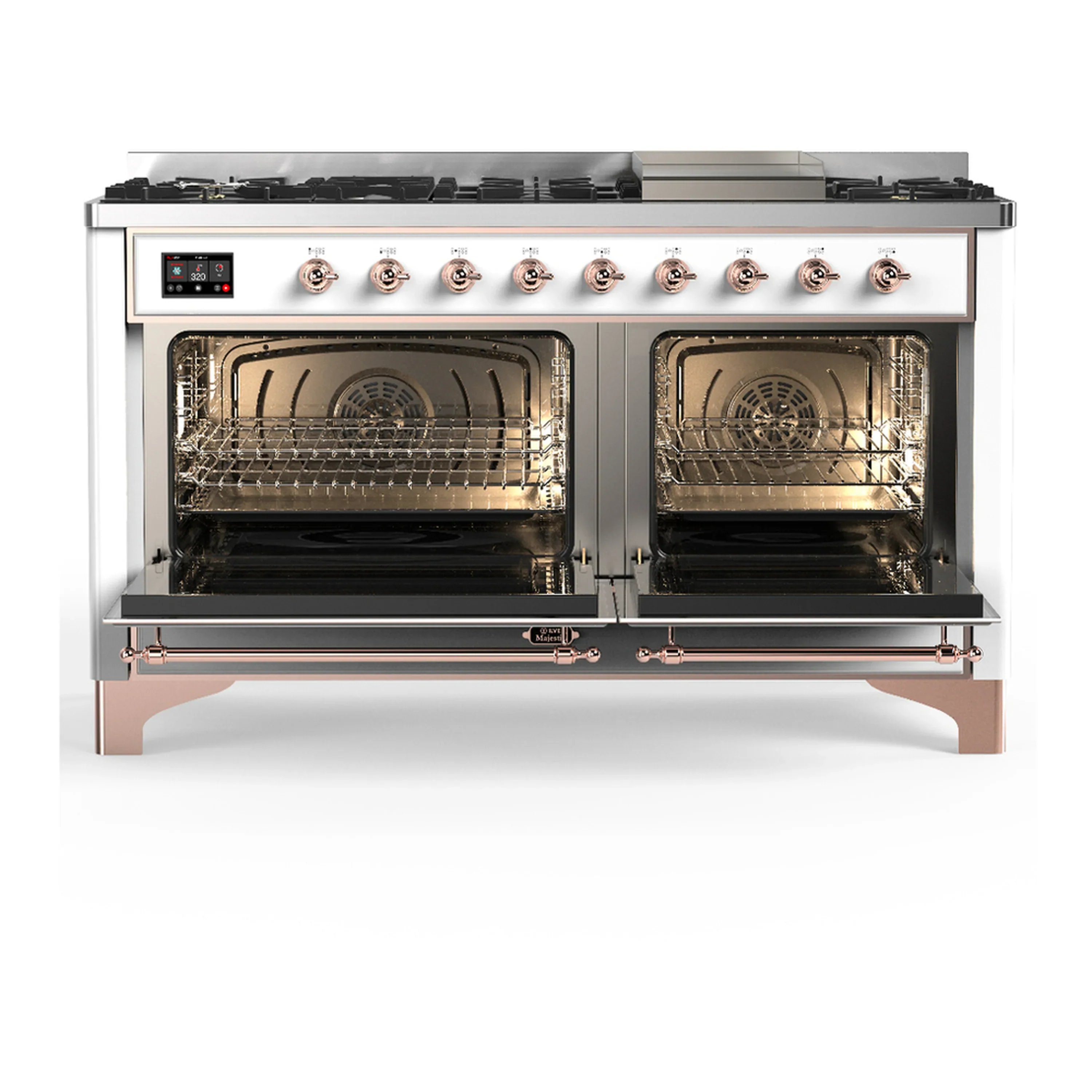 ILVE Majestic III 60-inch Dual Fuel Range with 7 Natural Gas Burner, Griddle and Solid Door Electric Oven in White with Copper Trim (UM60FQNR3WHP) - Image 6