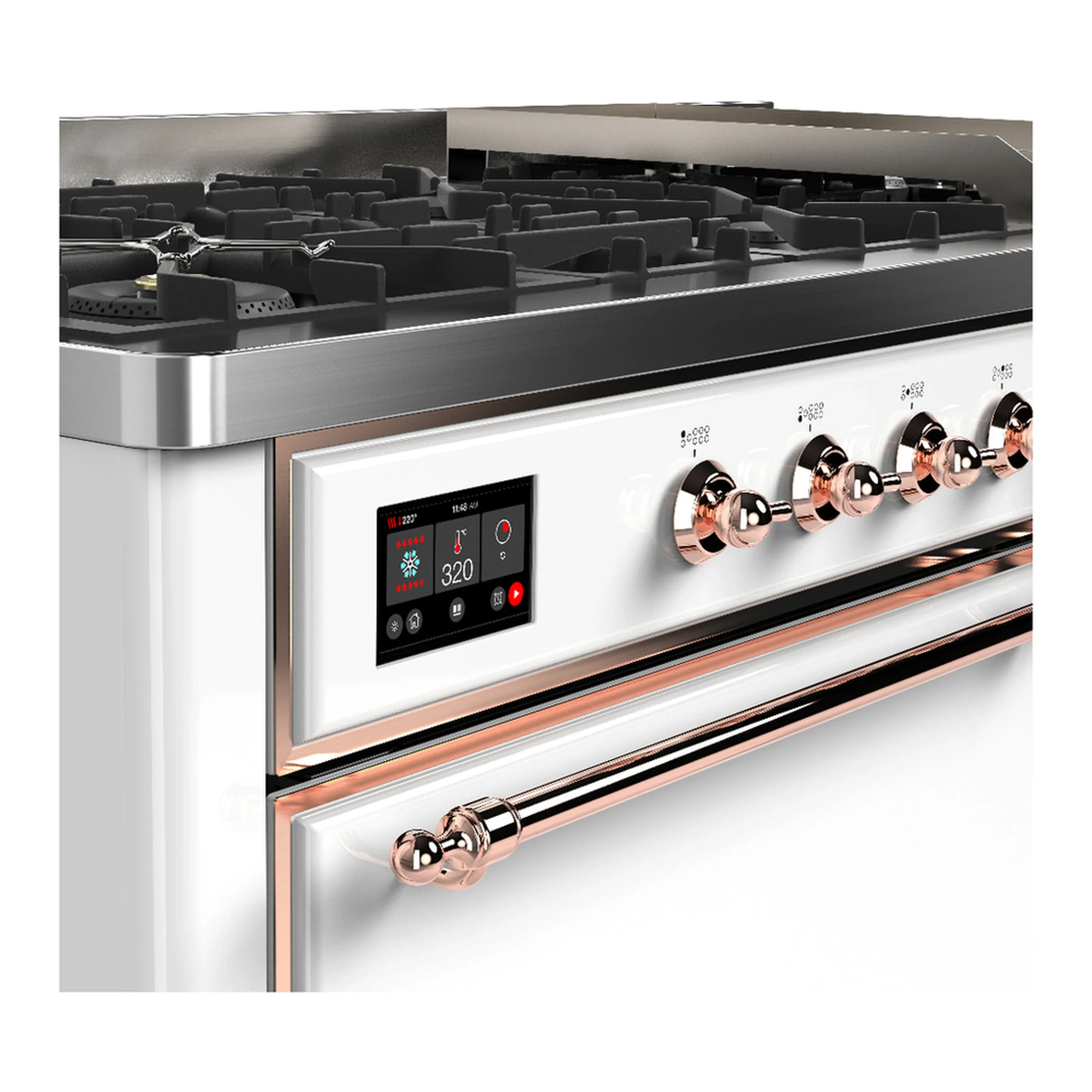 ILVE Majestic III 60-inch Dual Fuel Range with 5 Liquid Propane Burner, Griddle and Solid Door Electric Oven in White with Copper Trim (UM60FQNR3WHPLP) - Image 7