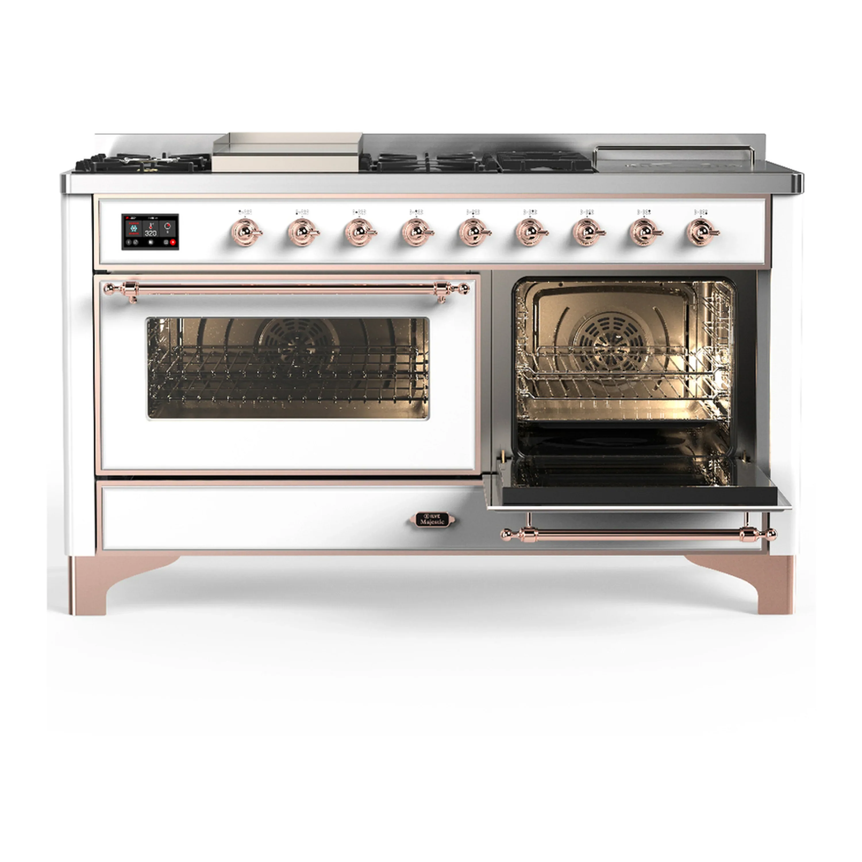 ILVE Majestic III 60-inch Dual Fuel Range with 7 Natural Gas Burner, Griddle, French Top and Triple Glass Door Electric Oven in White with Copper Trim (UM60FSNR3WHP) - Image 4
