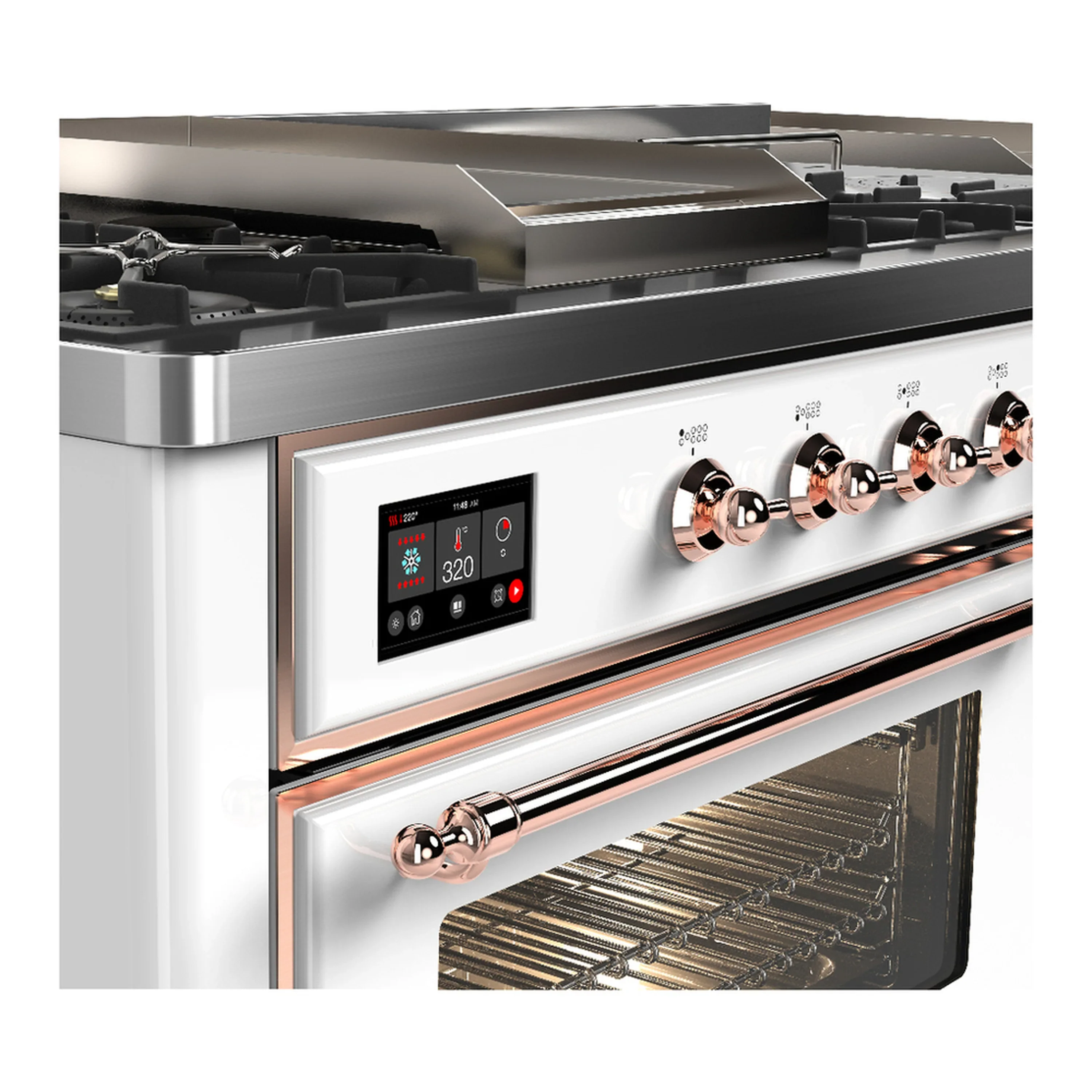 ILVE Majestic III 60-inch Dual Fuel Range with 7 Natural Gas Burner, Griddle, French Top and Triple Glass Door Electric Oven in White with Copper Trim (UM60FSNR3WHP) - Image 7