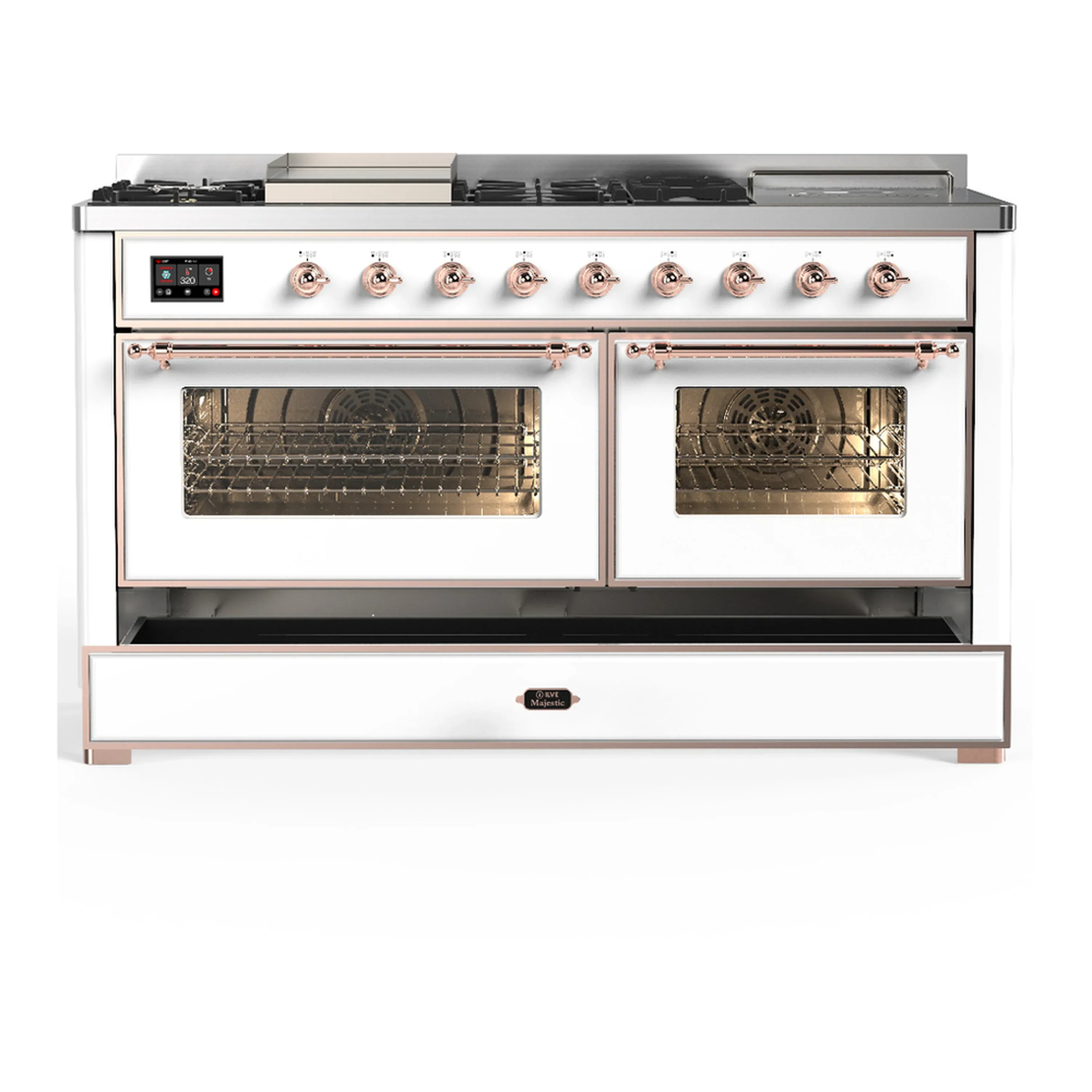 ILVE Majestic III 60-inch Dual Fuel Range with 5 Liquid Propane Burner, Griddle, French Top and Triple Glass Door Electric Oven in White with Copper Trim (UM60FSNR3WHPLP) - Image 3
