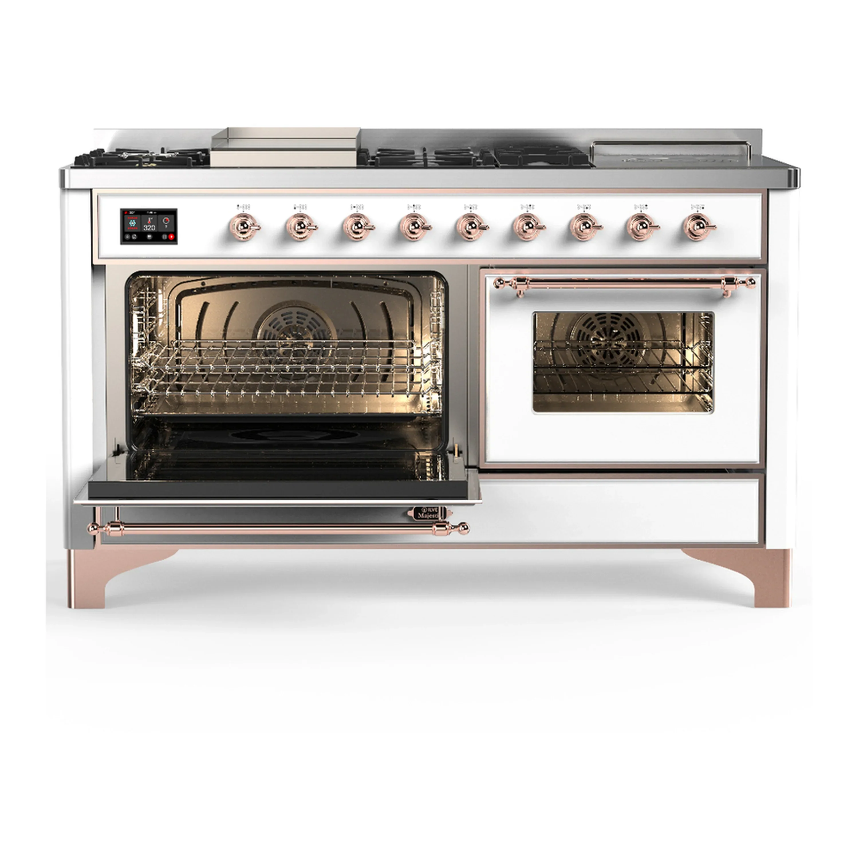 ILVE Majestic III 60-inch Dual Fuel Range with 5 Liquid Propane Burner, Griddle, French Top and Triple Glass Door Electric Oven in White with Copper Trim (UM60FSNR3WHPLP) - Image 5