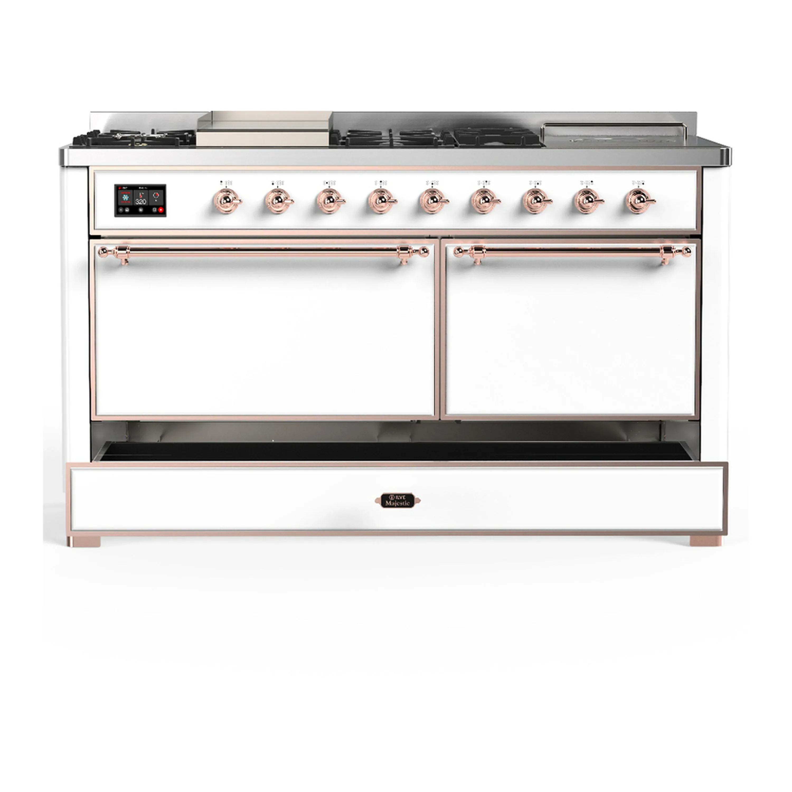 ILVE Majestic III 60-inch Dual Fuel Range with 7 Natural Gas Burner, Griddle, French Top and Solid Door Electric Oven in White with Copper Trim (UM60FSQNR3WHP) - Image 3
