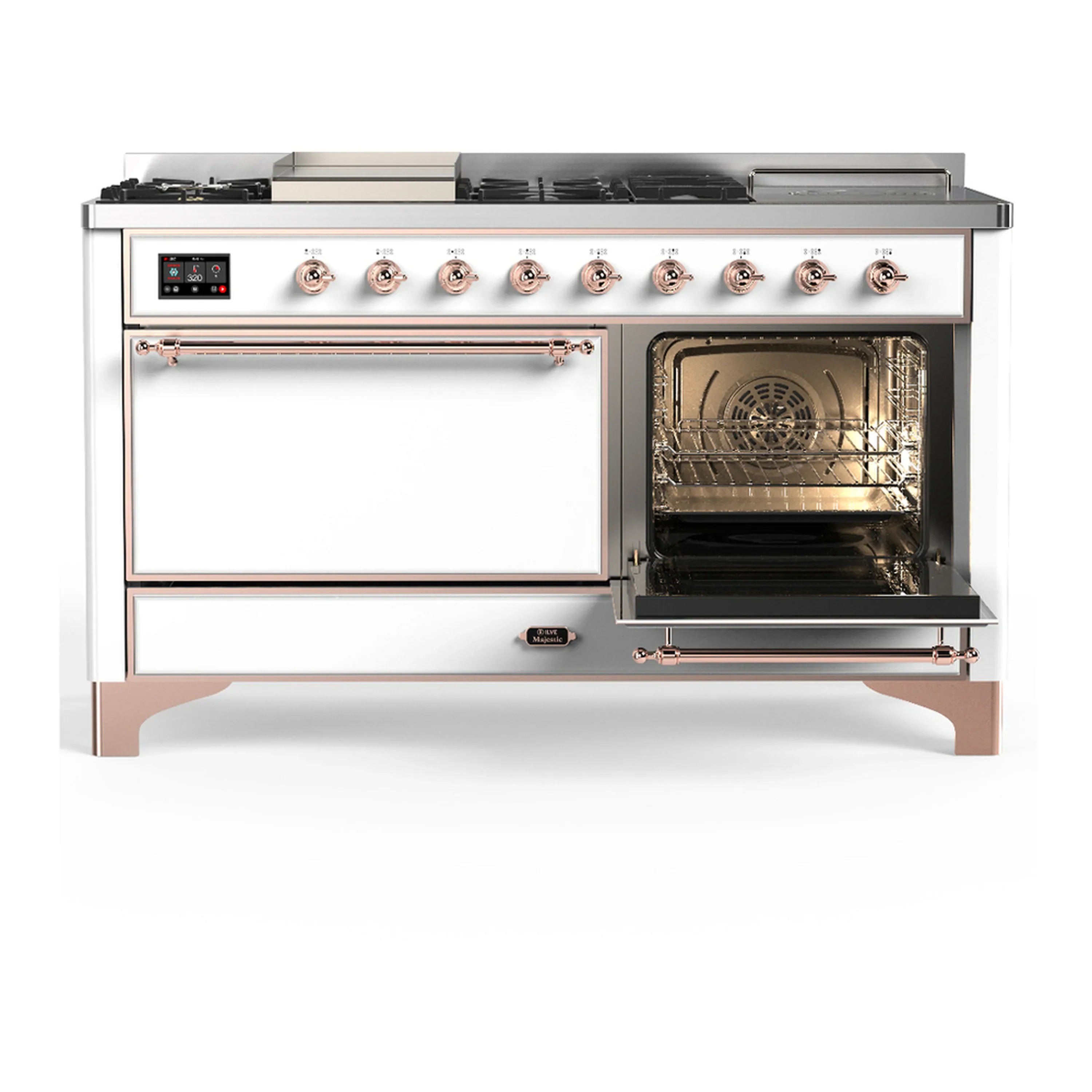ILVE Majestic III 60-inch Dual Fuel Range with 7 Natural Gas Burner, Griddle, French Top and Solid Door Electric Oven in White with Copper Trim (UM60FSQNR3WHP) - Image 4