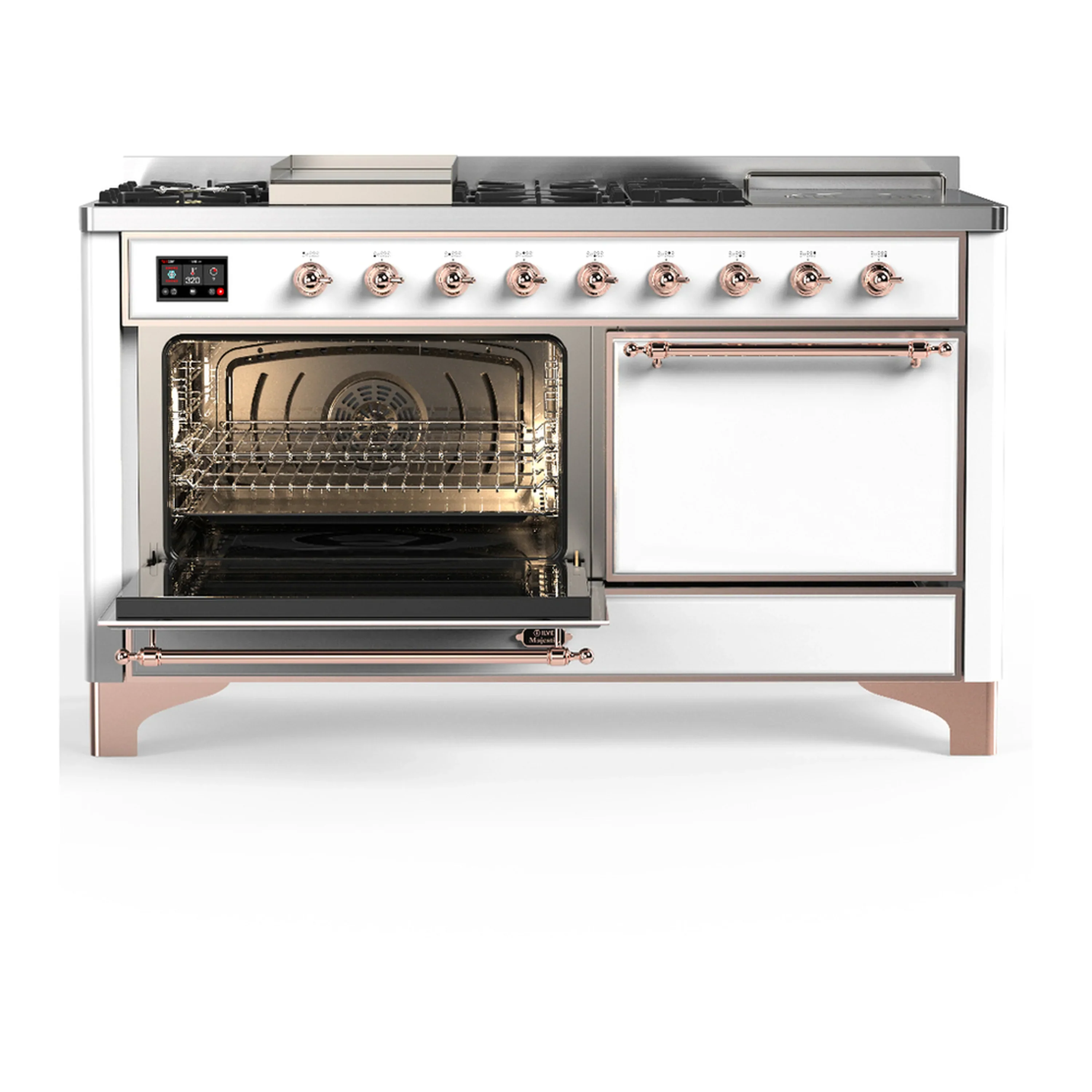 ILVE Majestic III 60-inch Dual Fuel Range with 7 Natural Gas Burner, Griddle, French Top and Solid Door Electric Oven in White with Copper Trim (UM60FSQNR3WHP) - Image 5