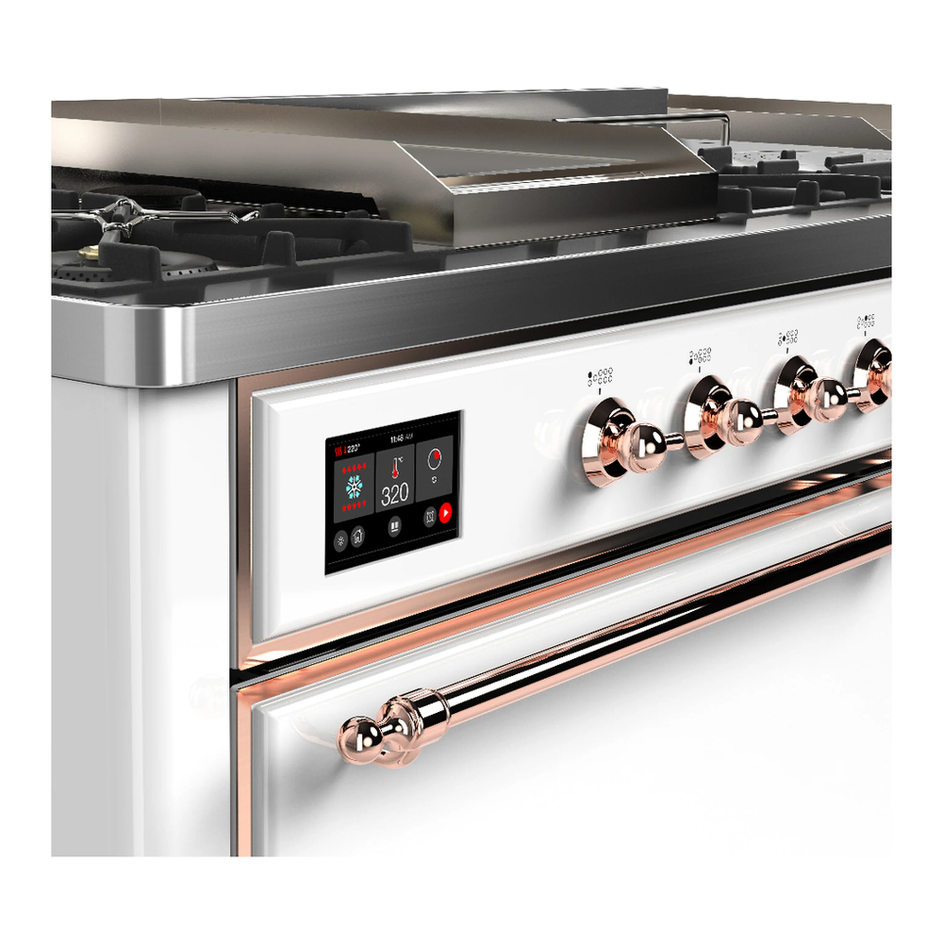 ILVE Majestic III 60-inch Dual Fuel Range with 5 Liquid Propane Burner, Griddle, French Top and Solid Door Electric Oven in White with Copper Trim (UM60FSQNR3WHPLP) - Image 7