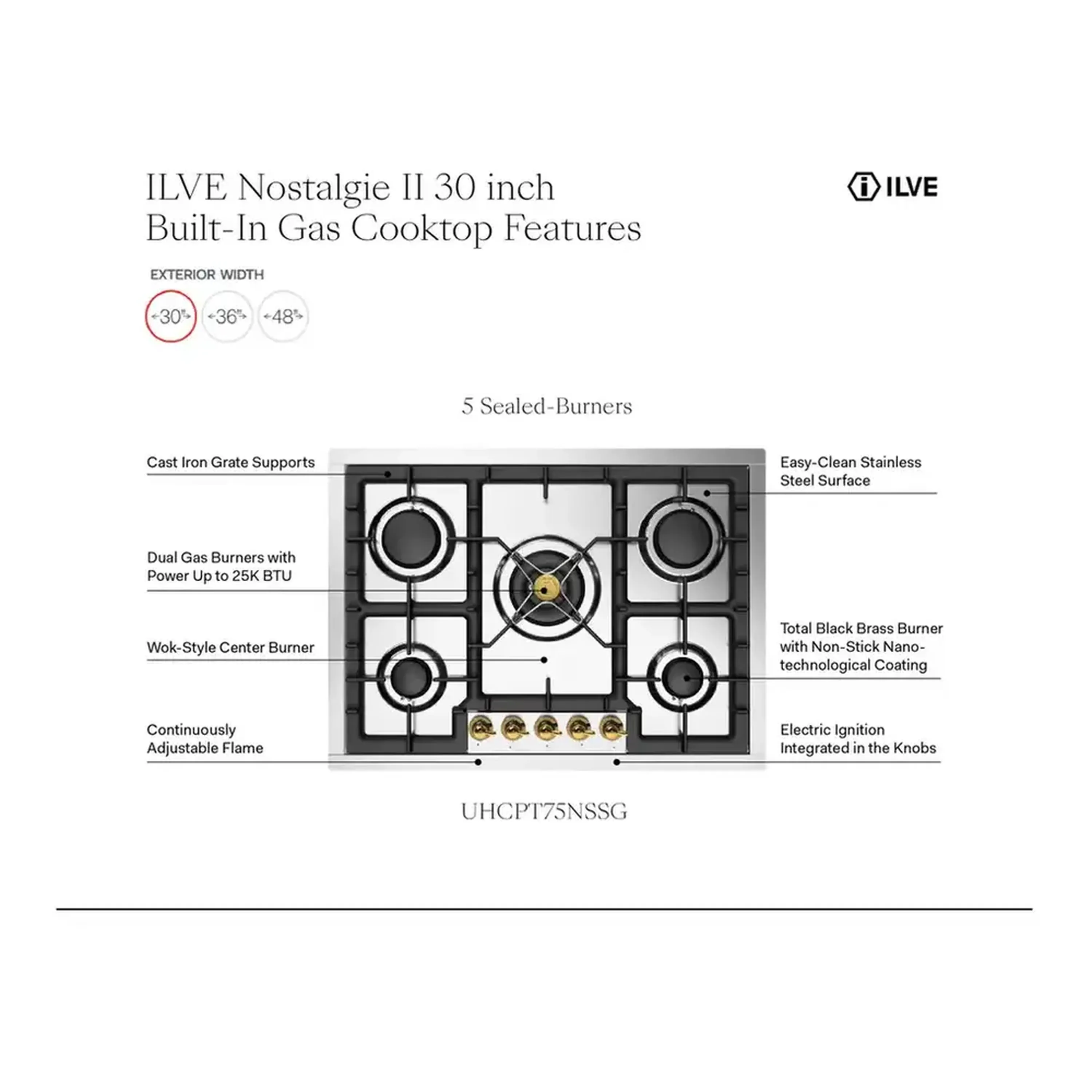 ILVE Nostalgie II 30 inch Built-In Propane Gas Cooktop with 5 Burners, in Stainless Steel (UHCPT75NSSCLP) - Image 8