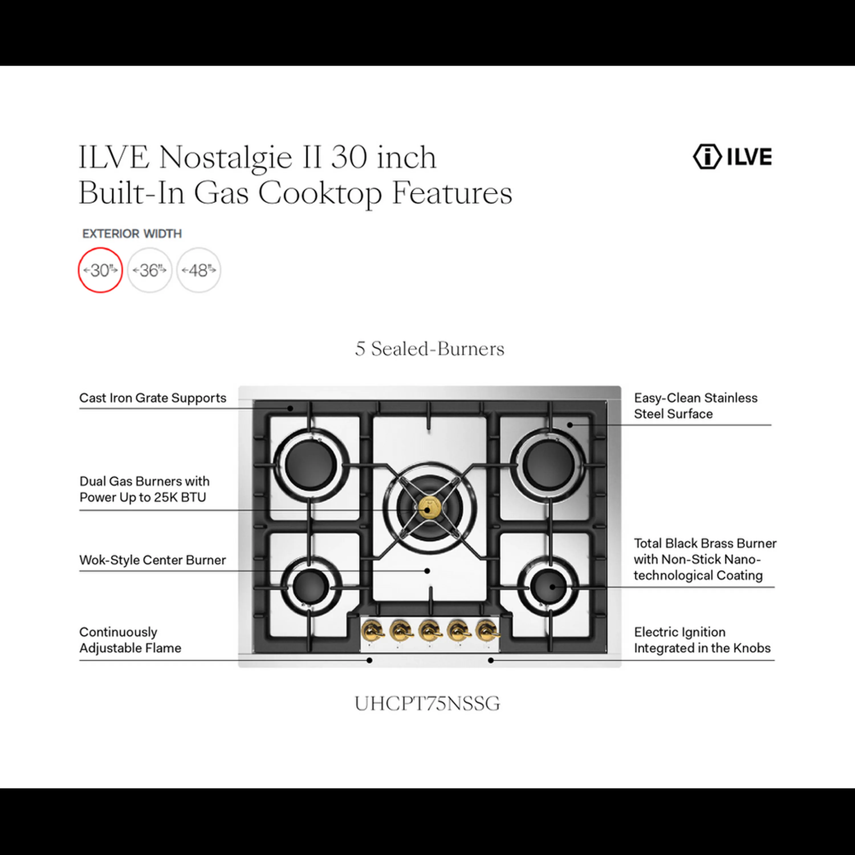 ILVE Nostalgie II 30-Inch Built-In Natural Gas Cooktop with 5 Burners in Stainless Steel (UHCPT75NSSG) - Image 10