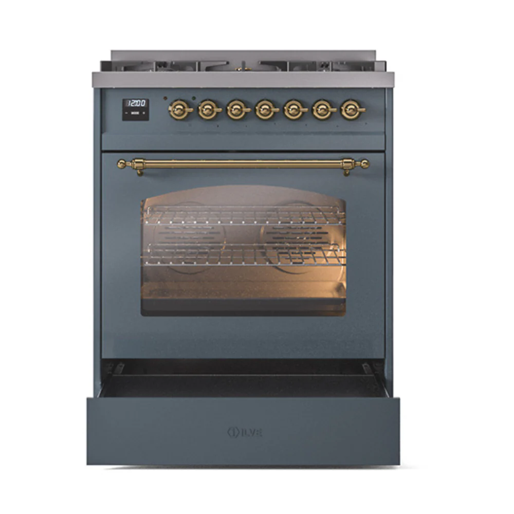 ILVE Nostalgie II 30-Inch Dual Fuel Freestanding Range in Blue Grey with Brass Trim (UP30NMPBGGLP) - Image 6