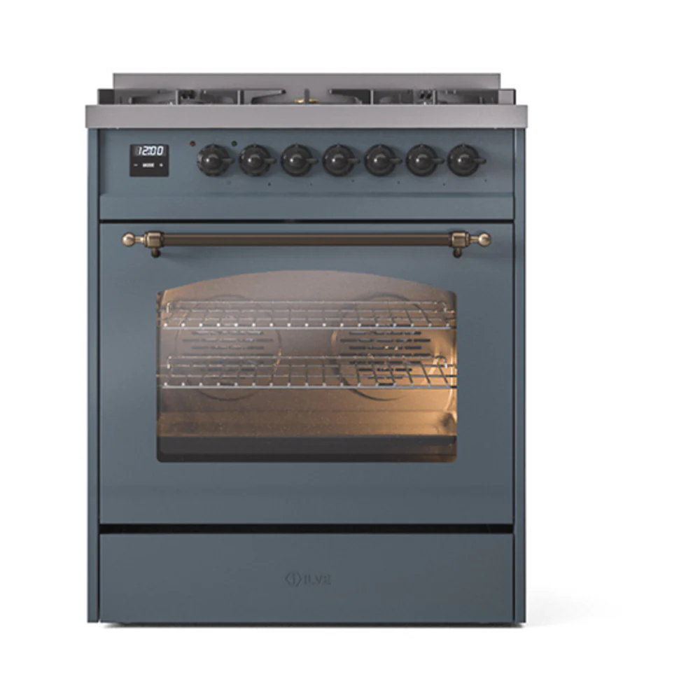 ILVE Nostalgie II 30-Inch Dual Fuel Freestanding Range in Blue Grey with Bronze Trim (UP30NMPBGBLP) - Image 2