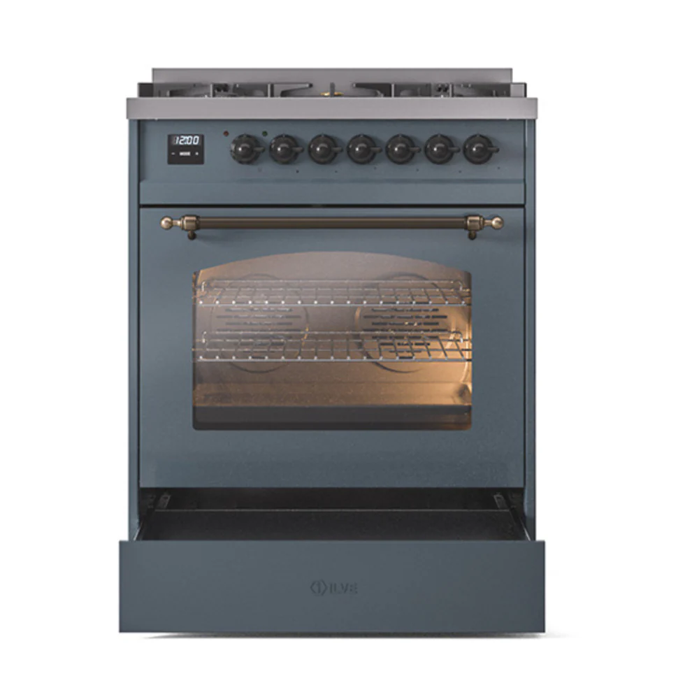 ILVE Nostalgie II 30-Inch Dual Fuel Freestanding Range in Blue Grey with Bronze Trim (UP30NMPBGBLP) - Image 6