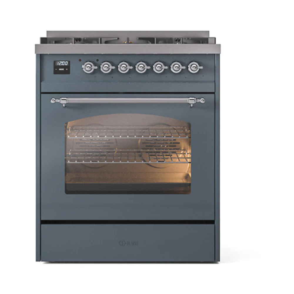 ILVE Nostalgie II 30-Inch Dual Fuel Freestanding Range in Blue Grey with Chrome Trim (UP30NMPBGCLP) - Image 2