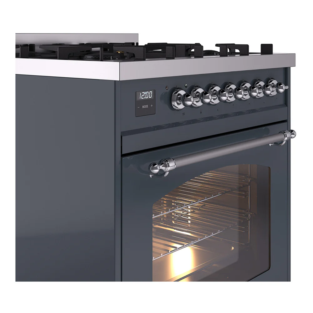 ILVE Nostalgie II 30-Inch Dual Fuel Freestanding Range in Blue Grey with Chrome Trim (UP30NMPBGCLP) - Image 3